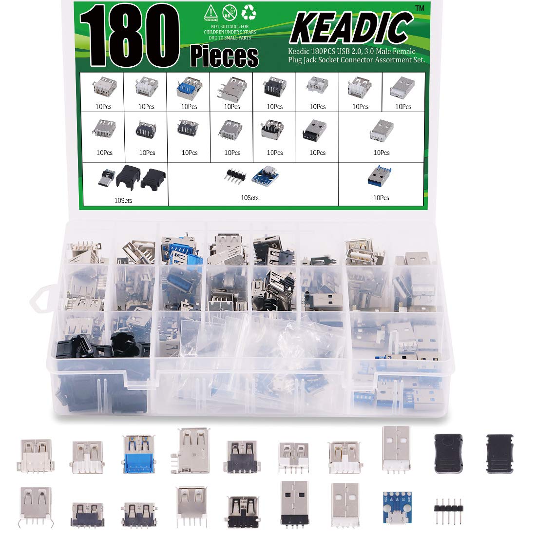 Keadic 180PCS Micro USB & USB 3.0 Male Female Jack Socket Connector Set: 150 Ports, 18 Different Sizes, Laptop, PC, Tablet & More