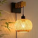 Farmhouse Plug in Wall Sconces Light Fixture for Bedroom, Living Room, Bamboo Rattan Lantern Lampshade Wood Beam Wall Mounting Hanging Lamp, Vintage