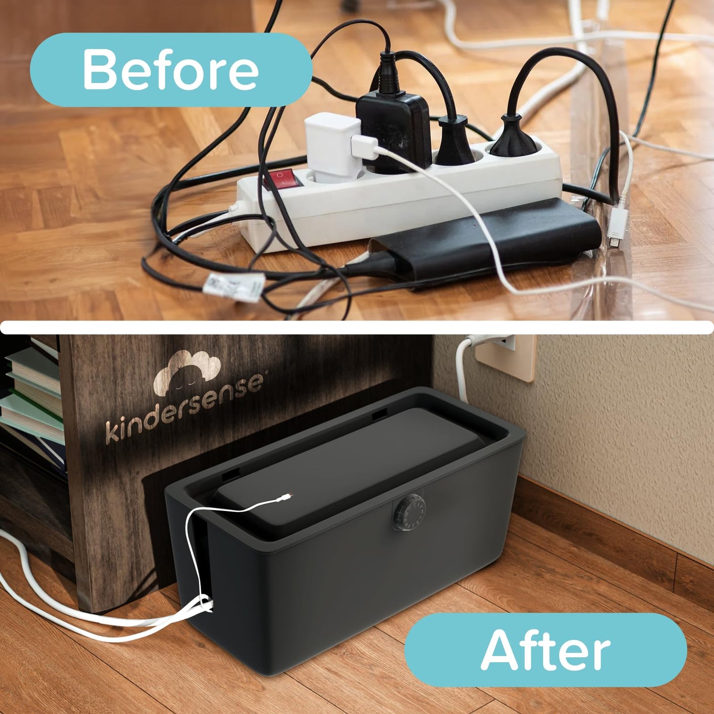 KinderSense® Cable Management Box - Cord Organizer with Child Proof Lock - Cord Hider to Conceal Wires,Power Strips from TV,Computer,Desk and Babies