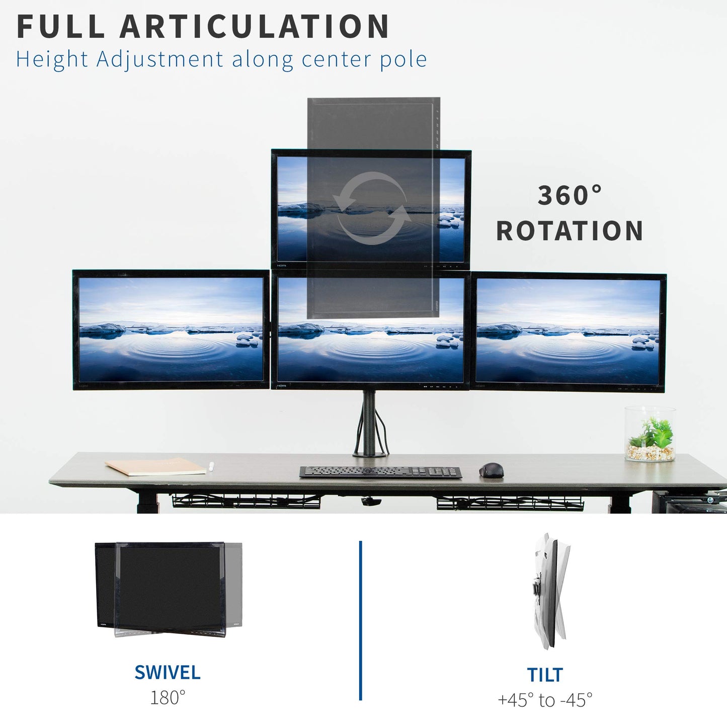 VIVO Quad Monitor 13 to 24 inch LED LCD Clamp-on Desk Mount, 3 Plus 1 Articulating Display Computer Stand, Holds 4 Screens, Max VESA 100x100mm