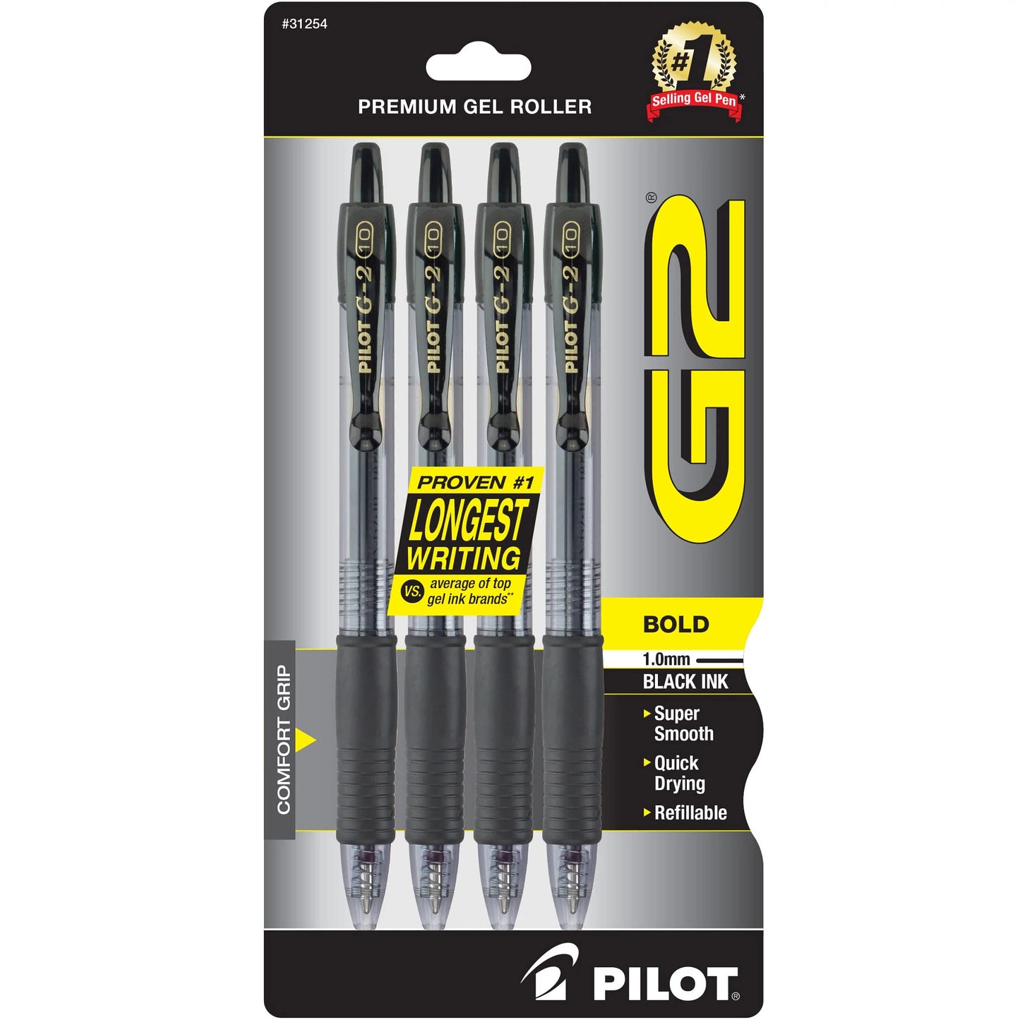 Pilot G2 Premium Refillable & Retractable Rolling Ball Gel Pens, Bold Point, Bold Gel Pens, 1.0 mm, Black Ink, 4-Pack