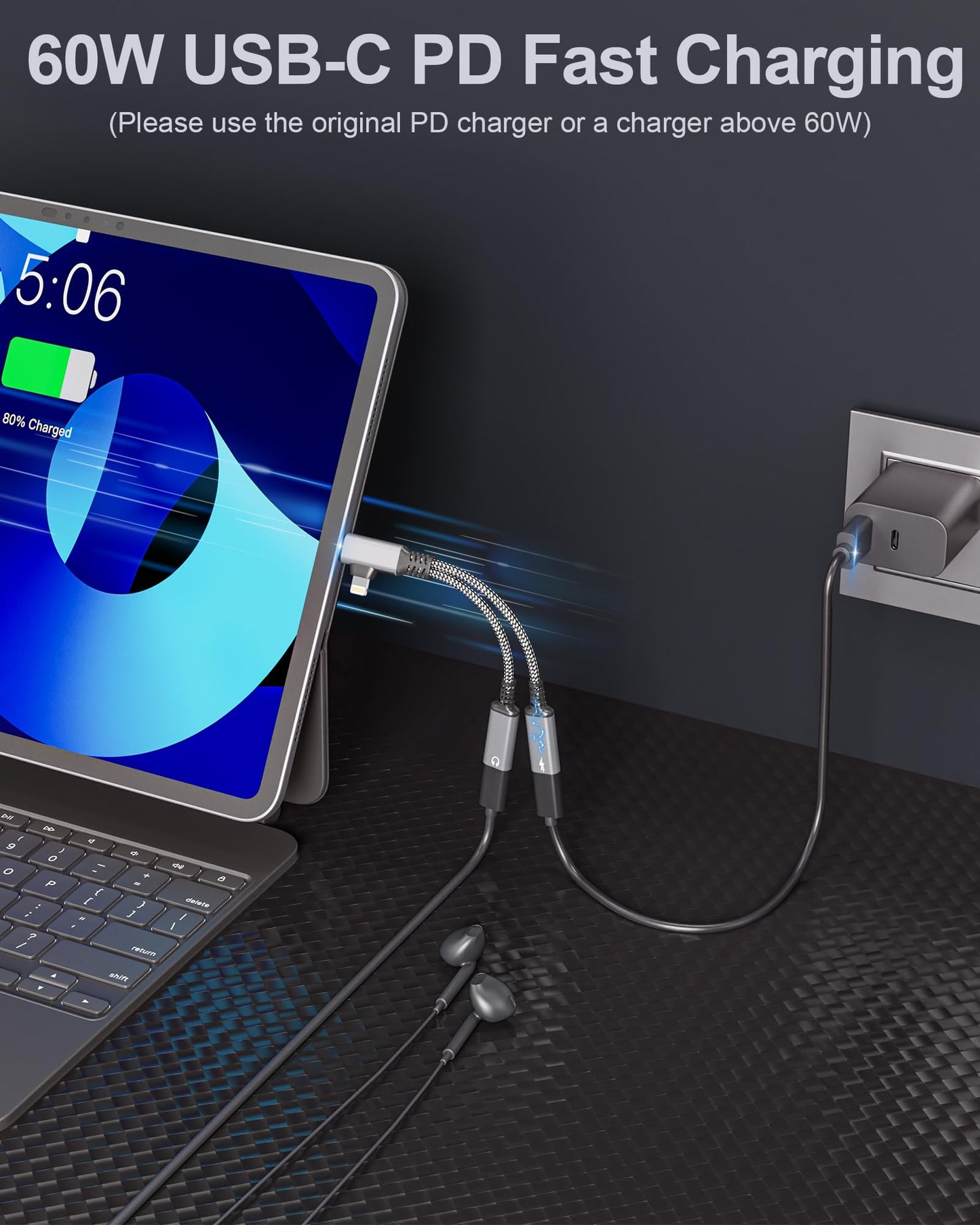 USBC Splitter 1 in 2 Out USB C Headphone and Charger Adapter - Type C & Lightning Male to Dual USB C Female Audio Dongle Cable, PD 60W Fast Charging +