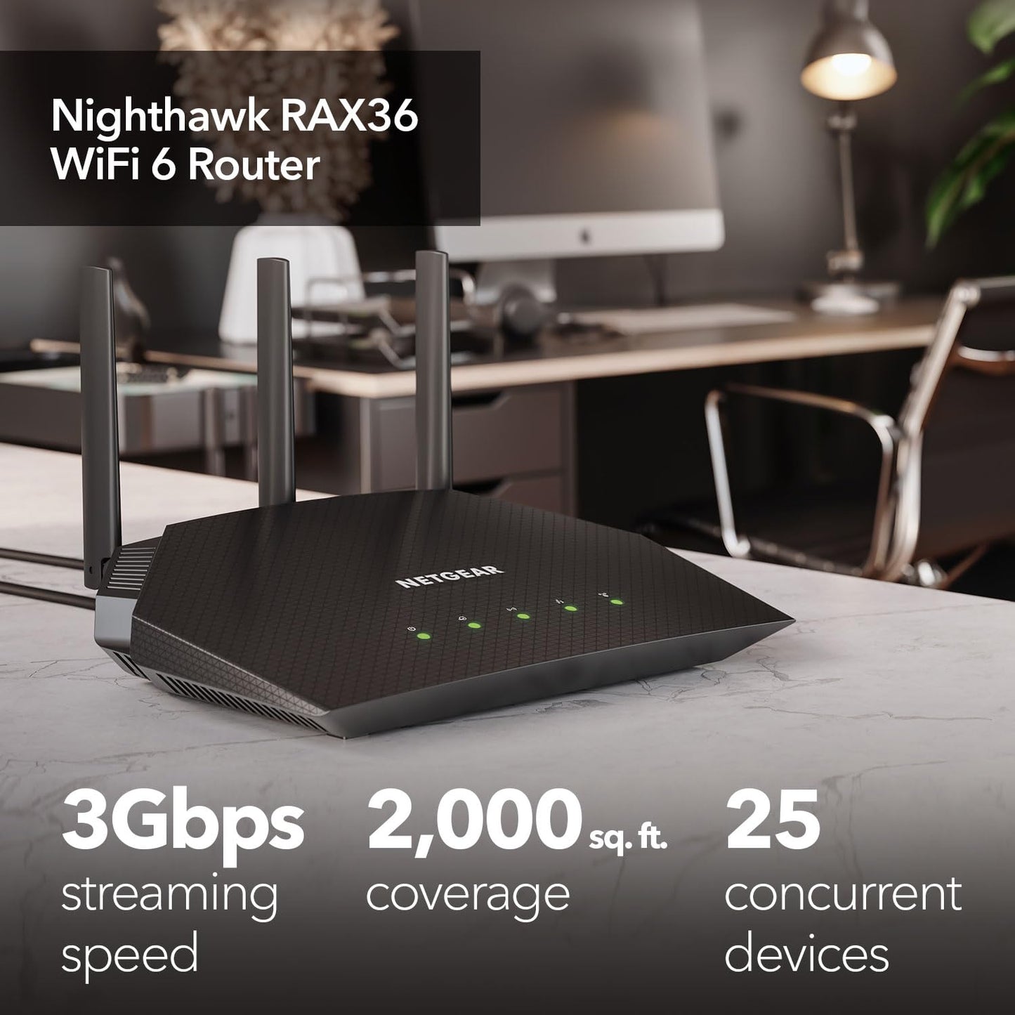 NETGEAR Nighthawk WiFi 6 Router (RAX36) - Router Only, AX3000 3 Gbps Wireless Speed - Dual-Band Gigabit Internet - Covers 2,000 sq. ft., 25 Devices