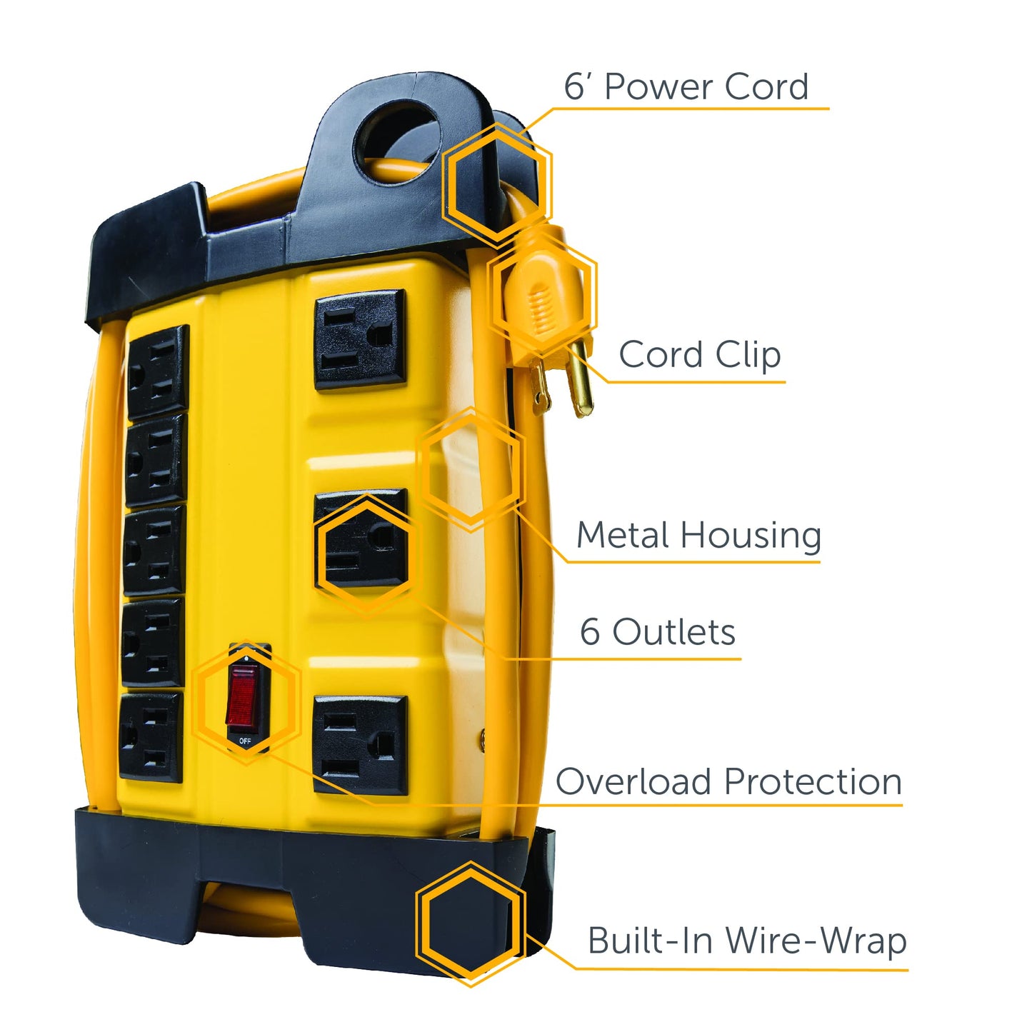 Southwire Woods Power Strip - 8-Grounded Outlets - Heavy Duty Industrial Outlet Strip - 6-Foot Yellow Cord - Lighted Switch Outlet Bar - Black