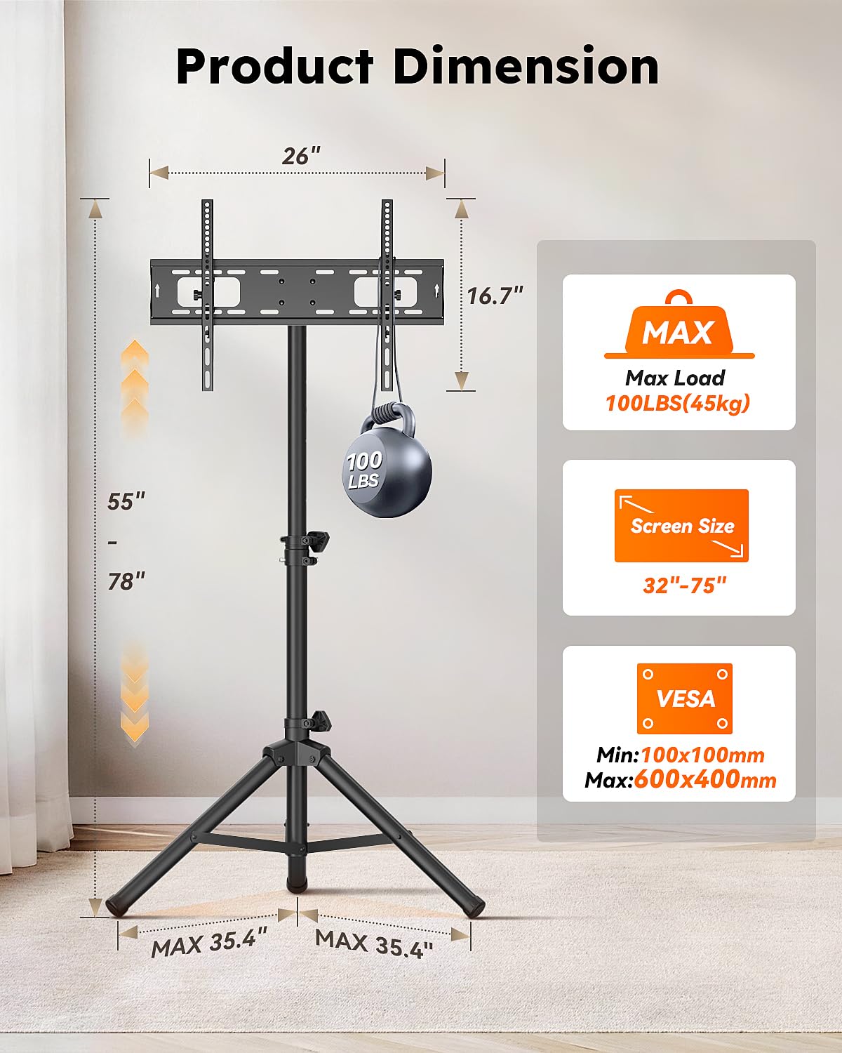 Vanteek Portable Tripod TV Stand for 32-75 inch TVs, Heavy Duty Outdoor Height Adjustable Floor TV Stand with 15° Tilt for Flat/Curved Screens, Holds