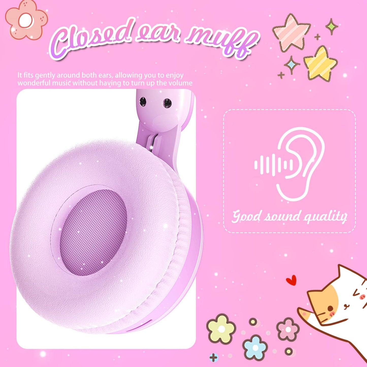 KERHAND Rabbit Purple Cat Headphones Bluetooth, Noise Cancelling, LED, Mic