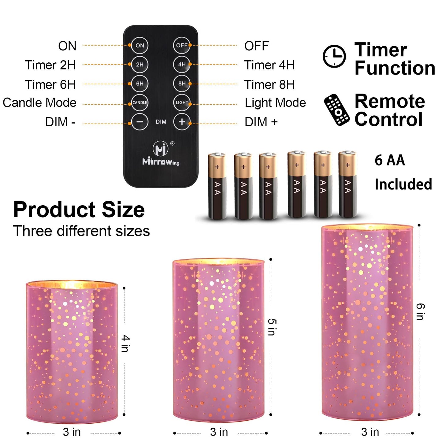 Pink Flameless LED Candles with Remote - Mercury Crackle Glass, Real Wax, Warm White Flicker, 500+ Hrs, Spring & Summer Decor for Women, Mother's Day