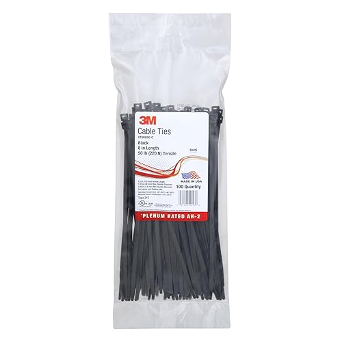 3M Cable Tie, Black, 50 lb Tensile Strength, 8", Black, Bag of 100 Pieces of Standard Nylon Cable Ties
