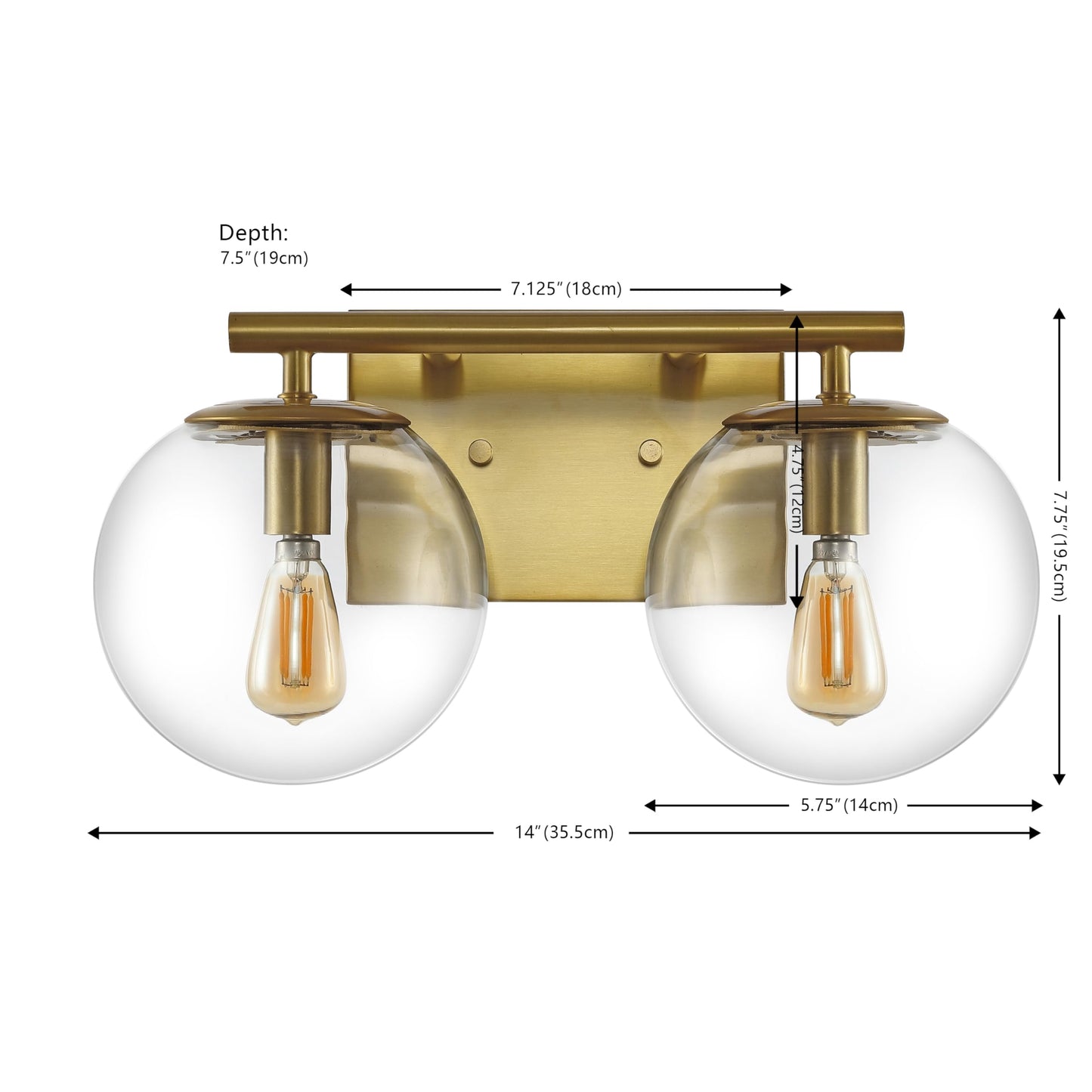 SAFAVIEH Lighting Collection Severa Brass/Clear Glass Globe Shade 2-Light Wall Sconce Light Fixture, Ideal for Bathroom, Entryway, Vanity, Foyer