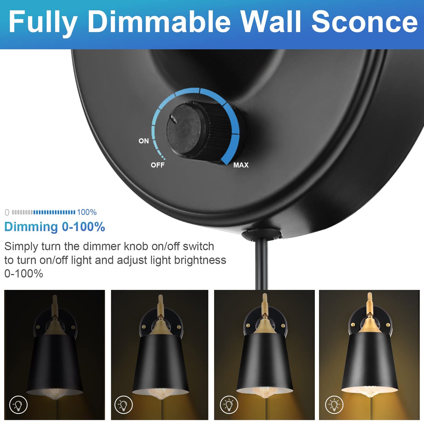 TRLIFE Wall Sconces Plug in, Dimmable Wall Lights with Plug in Cord Adjustable Lighting Angle Wall Mounted Light with On/Off Rotary Switch