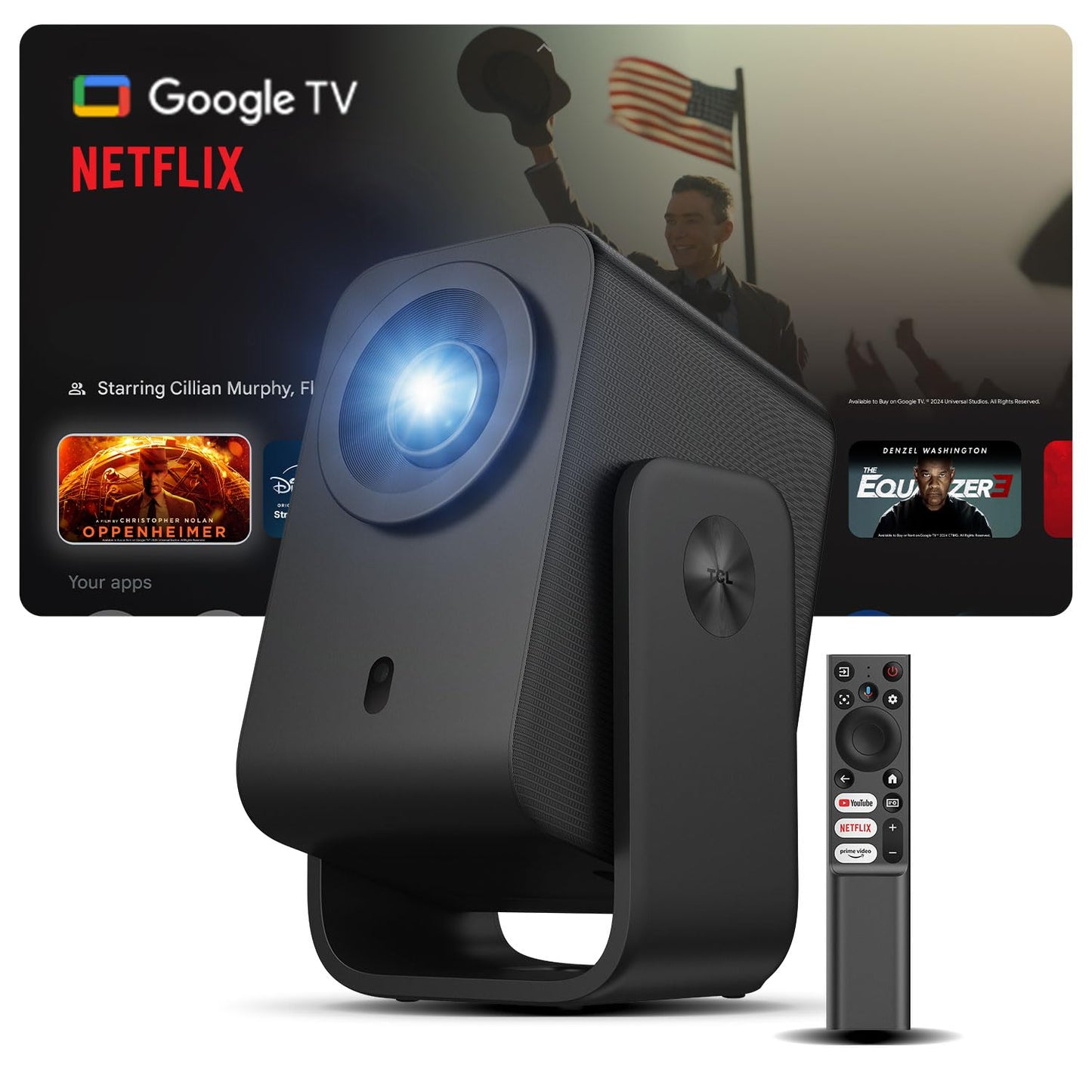 TCL C1 Smart Projector 4K Support, Google TV & Netflix Officially Licensed, WIFI and Bluetooth, Auto Focus Keystone, Native 1080p, Dolby Audio, 285°