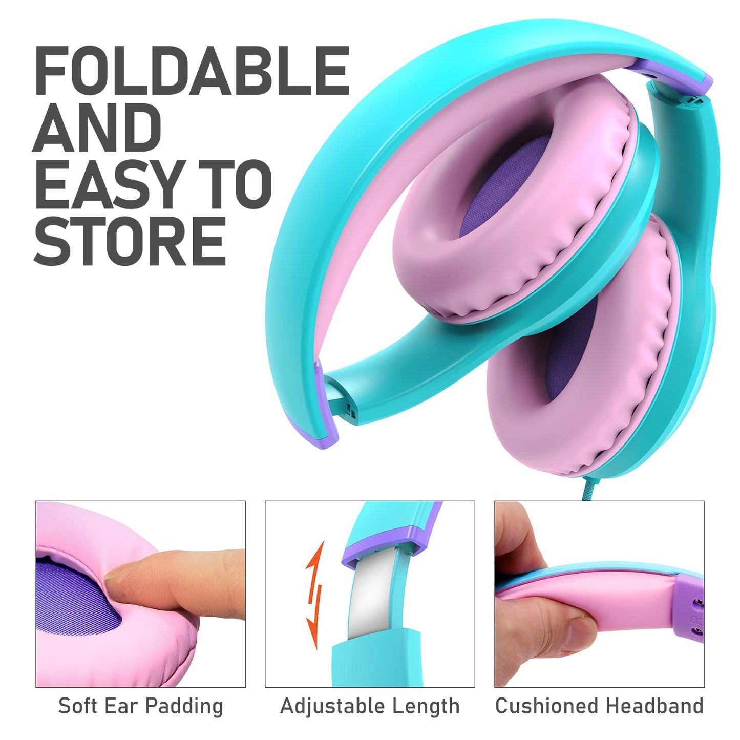 FosPower Kids Headphones with 3.5mm Laced Cables, Children & Teens Over The Ear Foldable Adjustable Headset w/Built-in Mic