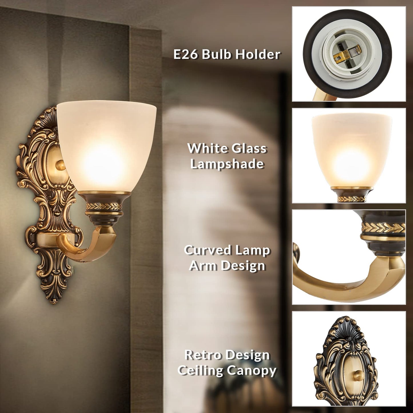 NOXARTE 2 Pack Vintage Wall Sconce Brass Wall Mounted Light Ceiling Fixture with Milk White Glass Shades for Living Room Bedroom Hallway