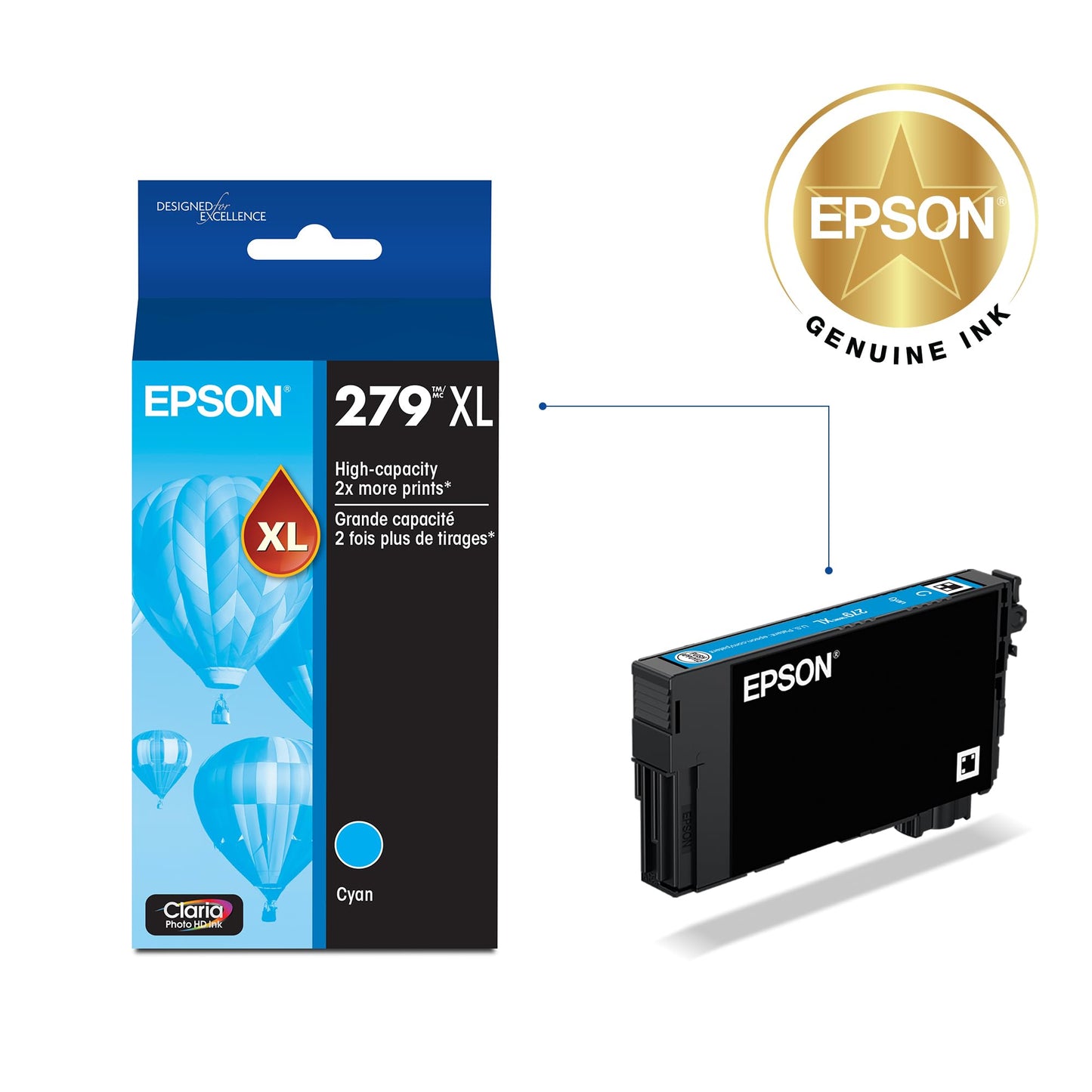 Epson 279 Claria Photo HD Ink High Capacity Cyan Cartridge (T279XL220-S) Works with Expression Photo XP-980