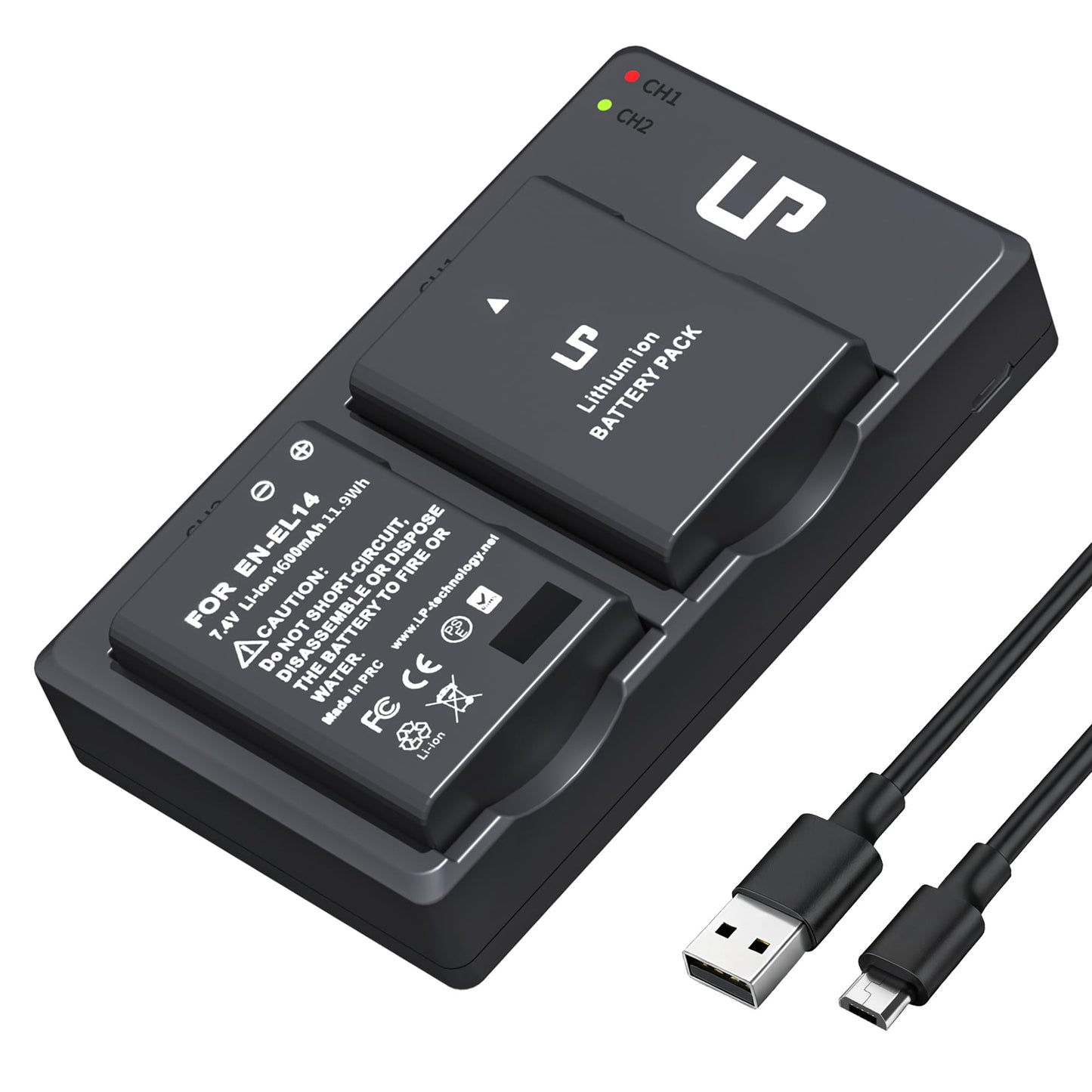 LP EN-EL14 EN EL14a Battery Charger Pack, 2-Pack 1600mAh Battery & Dual Slot Charger, Compatible with Nikon D3100 D3200 D3300 D3400 D3500 D5100 D5200