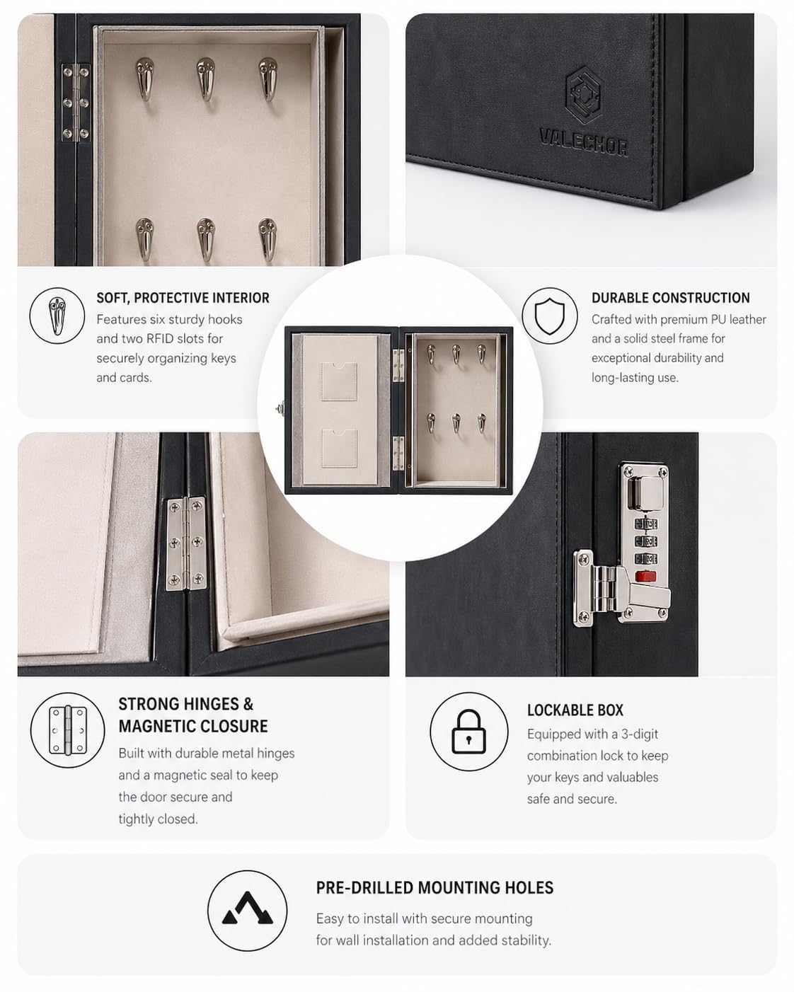 Faraday Key Box with Combination Lock (Black) - Wall Mounted Signal Blocking Box for Car Keys, RFID Cards & Fobs - Holds 6 Keys + 2 Card Sleeves From