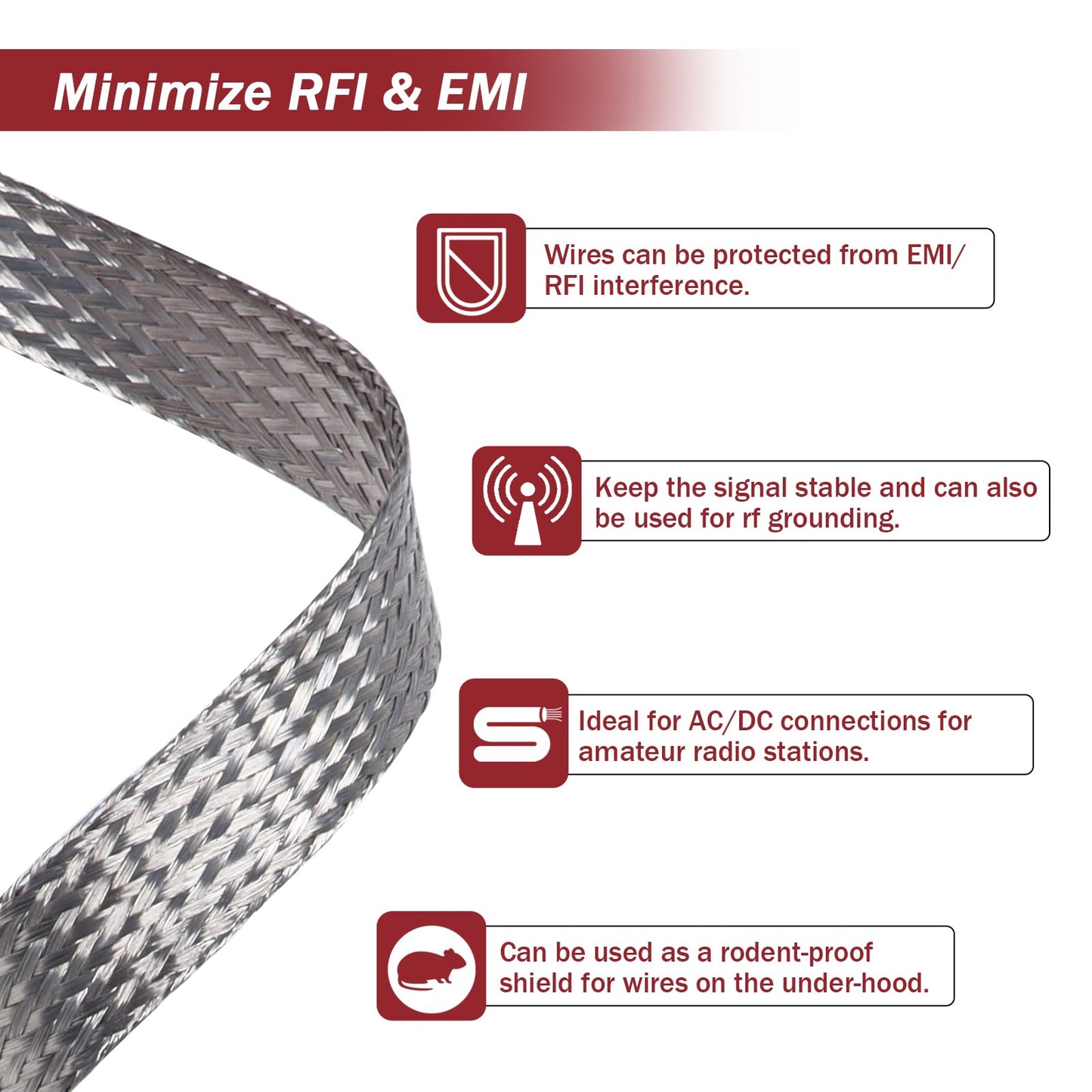 BuyUneed Tinned Copper Metal Braid Sleeving Wire Shielding Sleeve Braided Copper Ground Straps EMI/RFI Interference Expandable Flat Mesh Shielding
