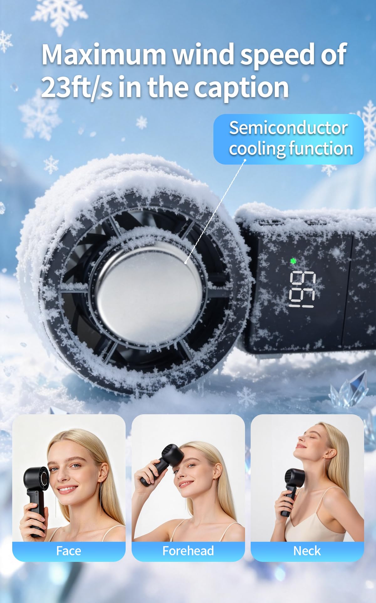 Vellunora Portable 3-in-1 Handheld Neck Fan, Semiconductor Cooling, 4000mAh Up to 13H Runtime, 11000RPM 7M/S Wind, 5 Speed Adjustable Quiet 50dB