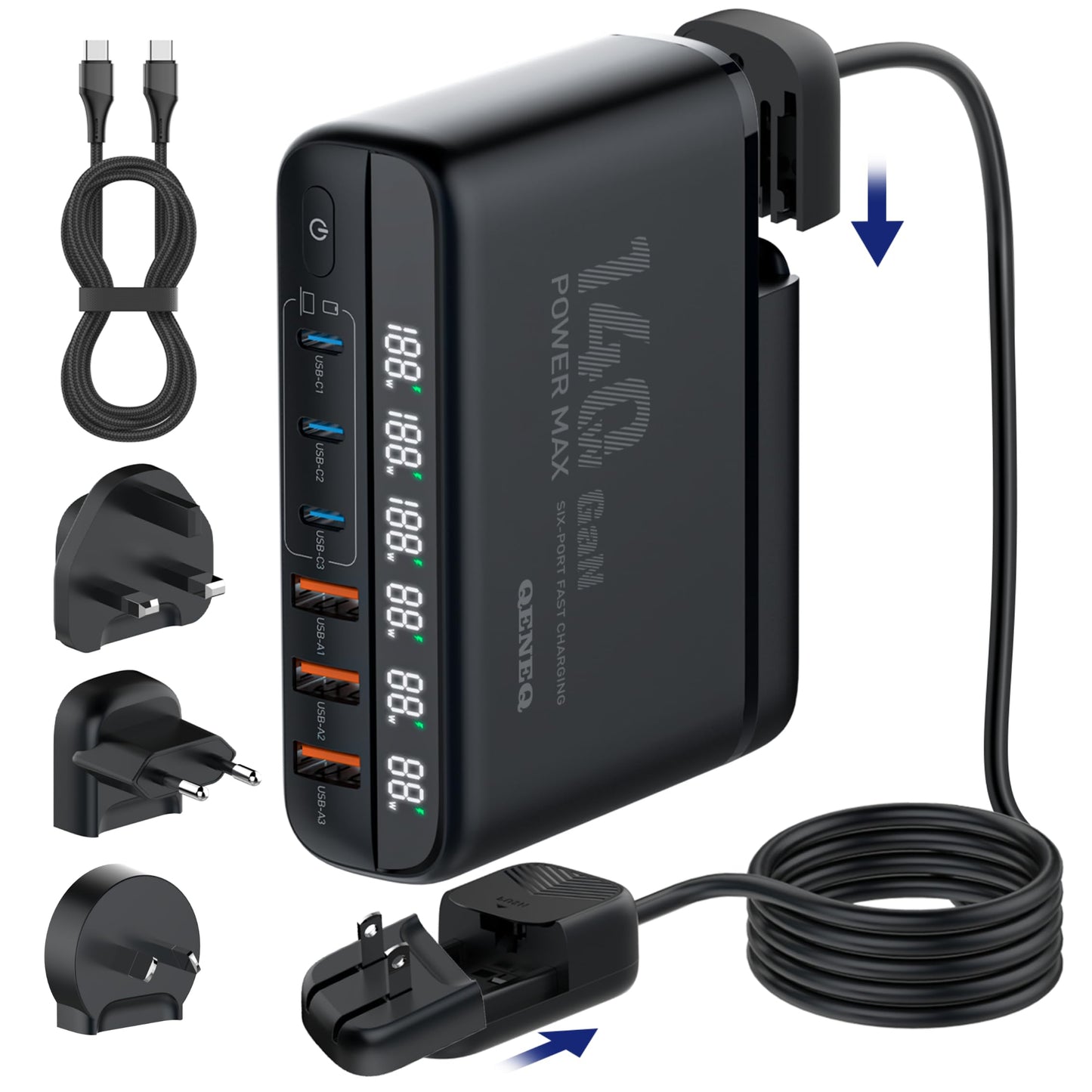 GaN 140W USB C Charger Block 6 Port Multi USB Charging Station Hub Power Digital Display 100W Laptop Charger Type c Universal Travel Adapter EU/UK/US