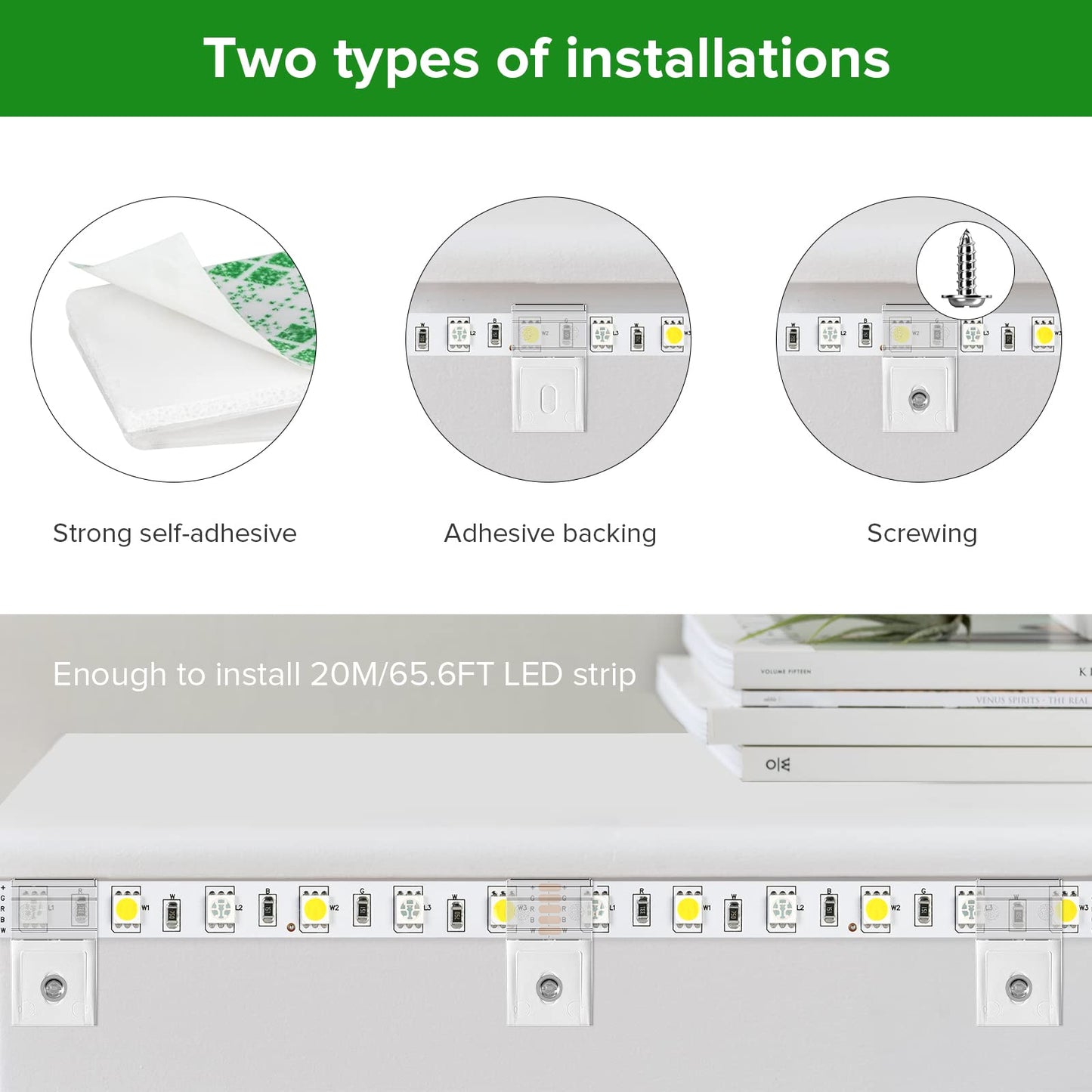 TYMXGHF transparent Strip Light Clips,Self Adhesive with Screws Mounting Holder,20Pcs LED Strong Fixing Clips And Screws For 0.47in/12mm Width