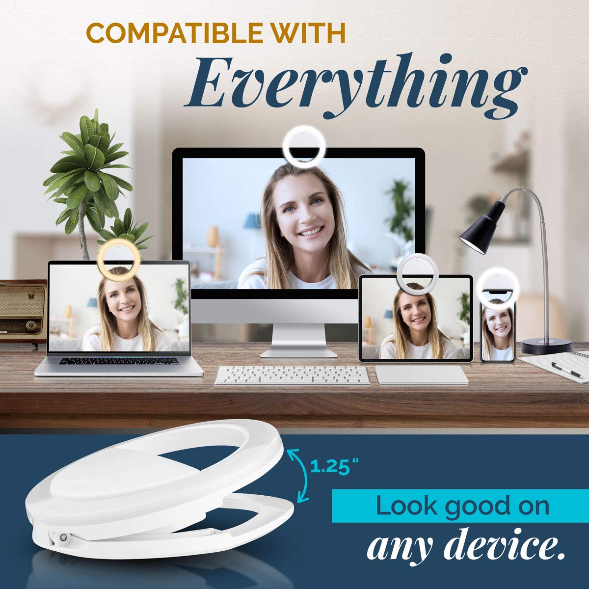 GearLight Selfie Ring Light for Computer or Phone - iPhone Compatible LED Lighting for Laptop Webcam, Video Recording - Rechargeable Circle Clip