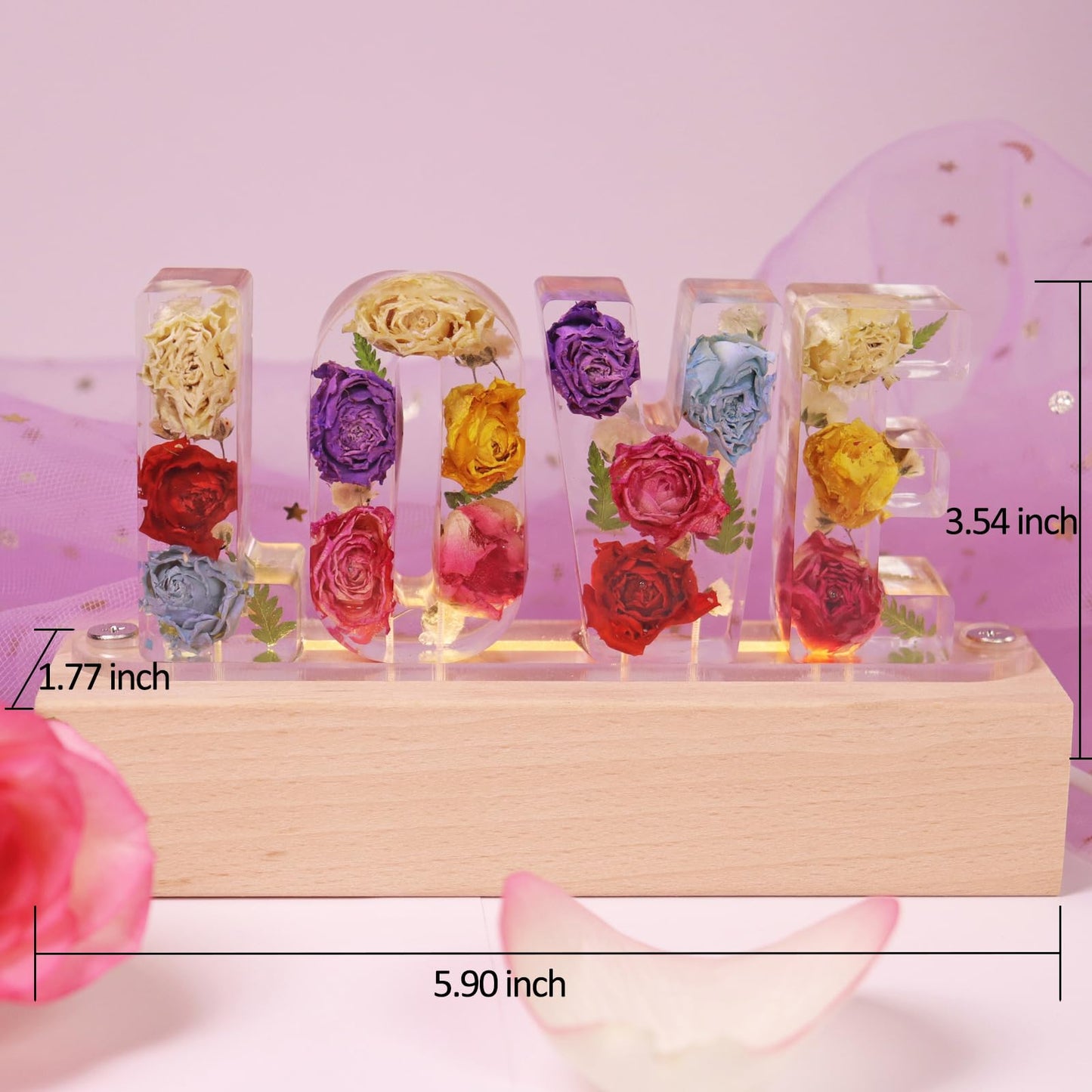 Sleeping Piggy Handmade Floral Resin Dried Roses Night Light Pressed Dry Flower Lights Lamp Gifts for Women Girls Bedroom Decor