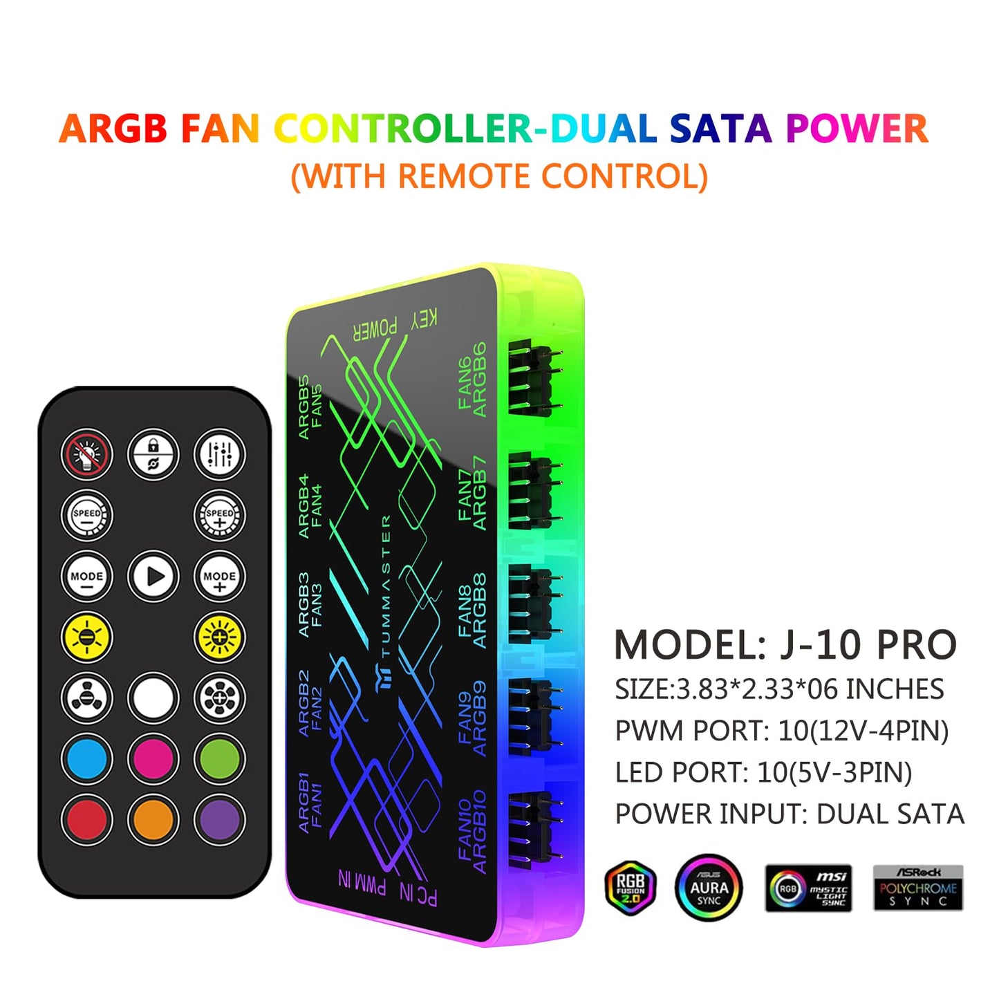 TUMMASTER ARGB Fan HUB, 9/10 Port 4 Pin PC Fan Controller, 5V-3Pin LED Hub, Magnetic Suction, SATA Power Input,RF Remote & Chassis Key