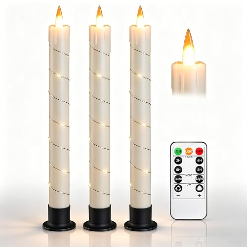 3 Pack Ivory Dripping Wax Flameless Candles, Realistic Dynamic Flame LED Taper Candles with Surrounding Fairy String Lights, Remote Control Battery