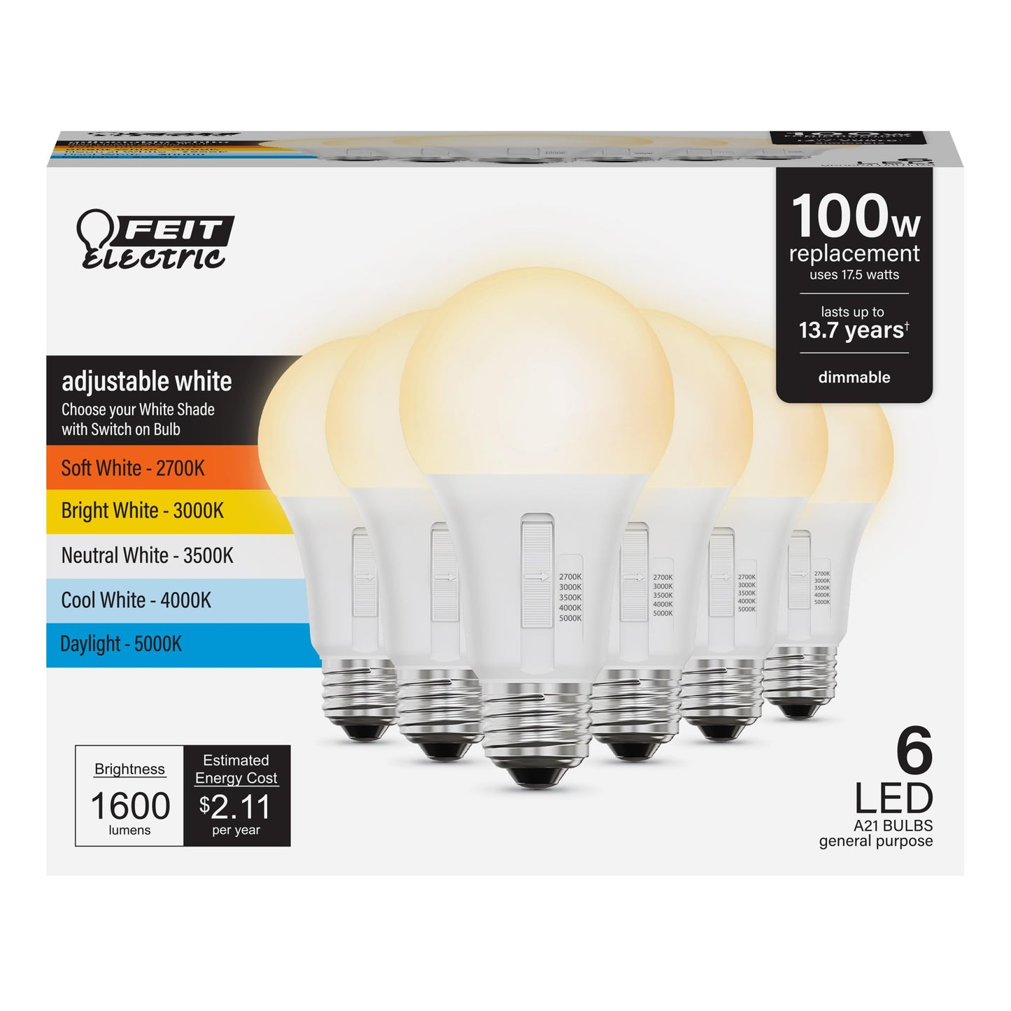Feit Electric A21 LED Light Bulb, 100W Eq, Dimmable, 5CCT, 1600 Lumens
