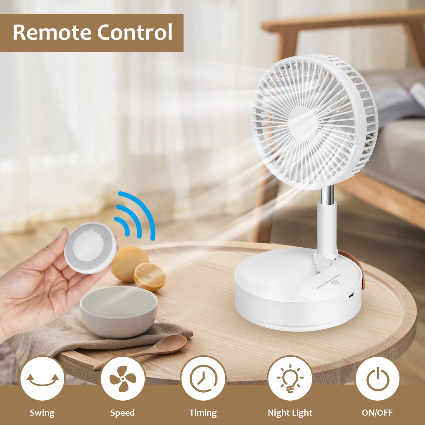 BAETI Portable Fan, 7200mAh Portable Oscillating Standing Fan with Remote Control, Adjustable Height With 4 Speeds Foldable Table Fan for Office