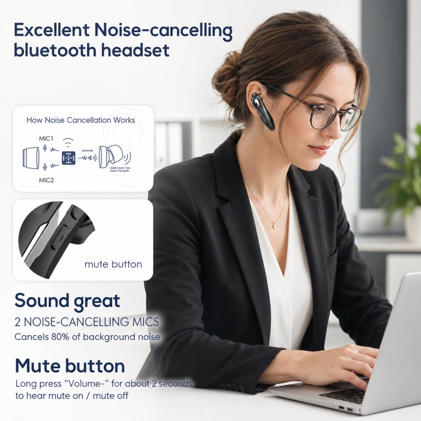 Sellwell Sliver Bluetooth Earpiece with Mic, Mono Wireless Headset, 30H Call Time, Dual MEMS Mics, Mute Button, USB-C Charging, Voice Assistant