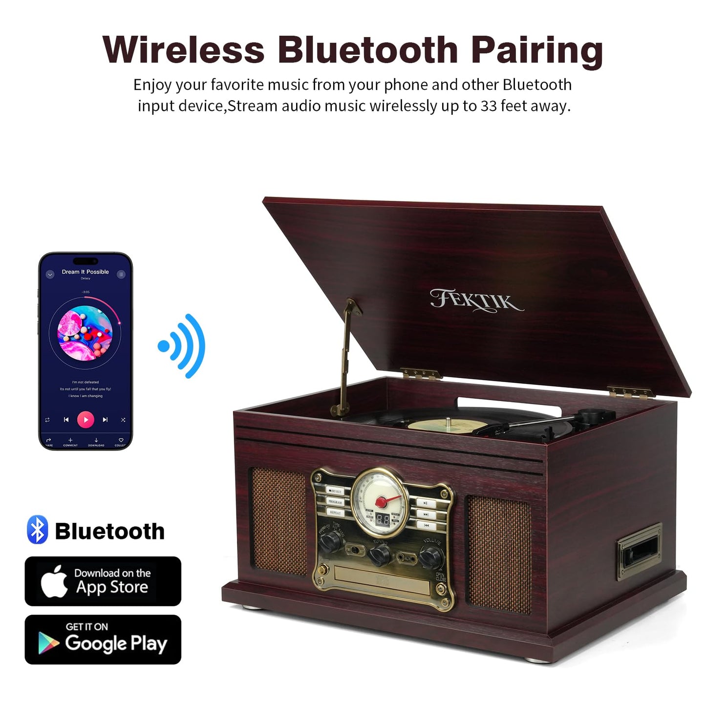 FEKTIK Bluetooth Record Player 10 in 1, 3-Speed Belt-Drive Turntable with Speakers, Bluetooth Input & Output, CD, Cassette, FM Radio, Wireless