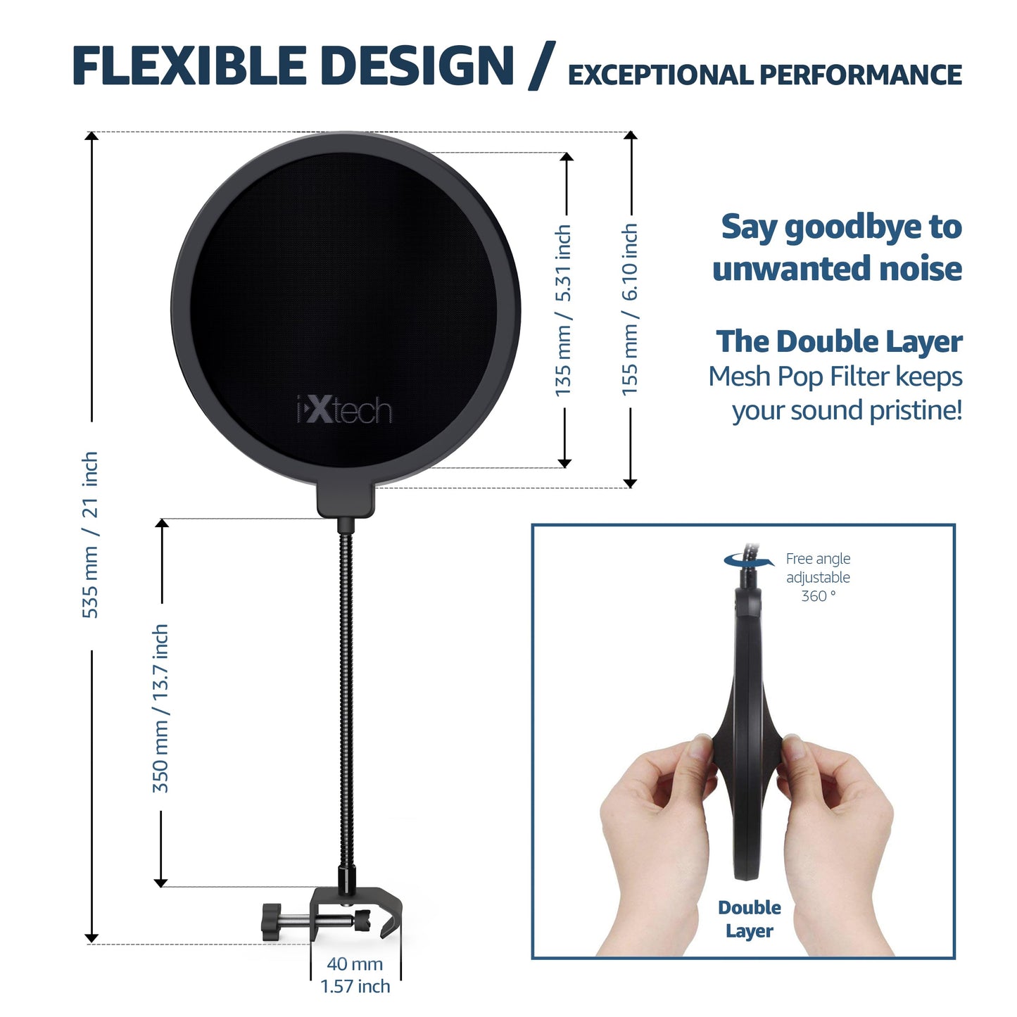 IXTECH Pop Filter for Mic Microphone, Blue Yeti Mic Pop Filter Dual Layered Wind Pop Screen with a Flexible 360 Degree Gooseneck Clip Stabilizing.