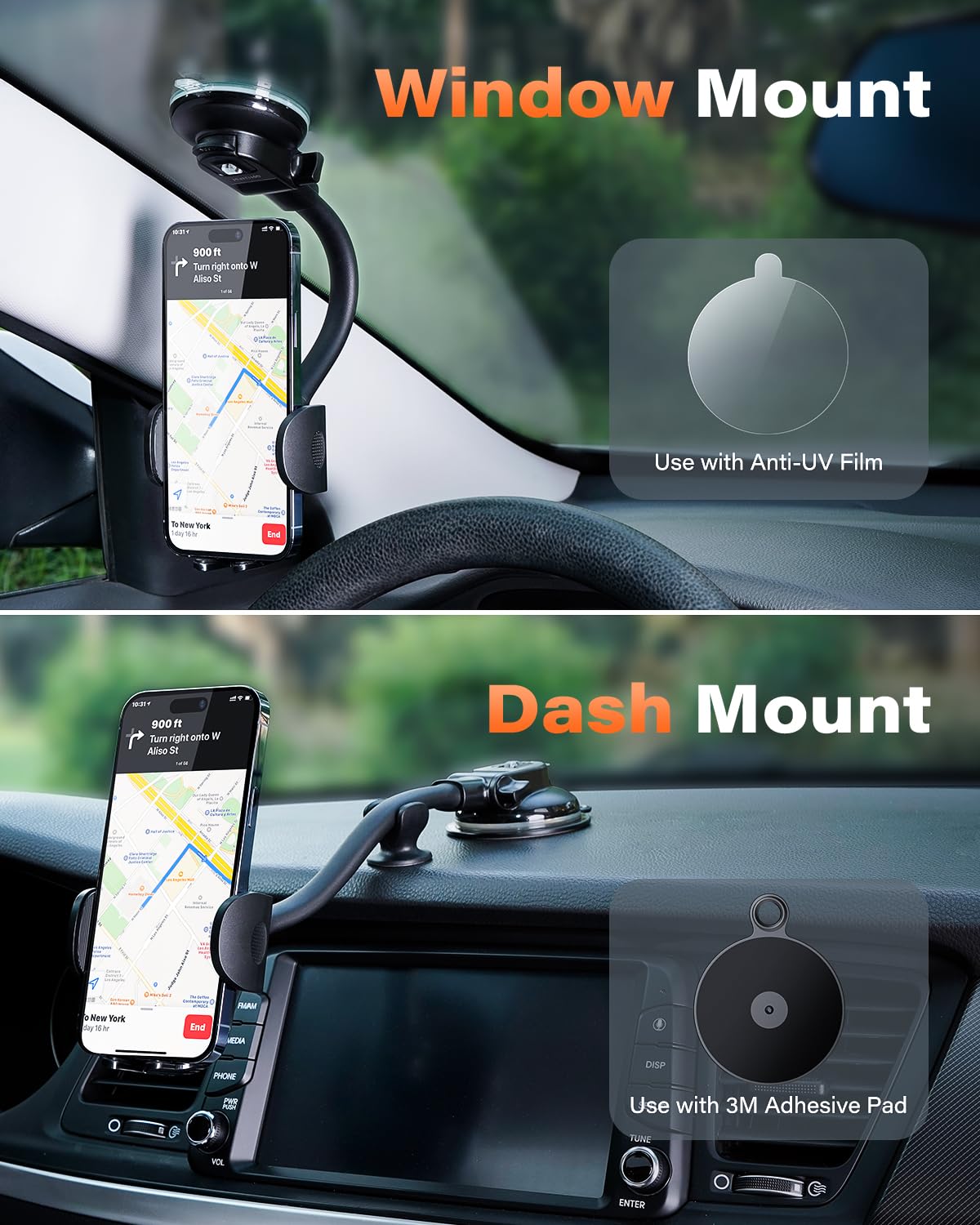 APPS2Car Gooseneck Car Phone Holder Heavy Duty Dashboard Windshield Phone Mount, Flexible Long Arm, Anti-Shake Stabilizer, Solid Suction Cup Phone