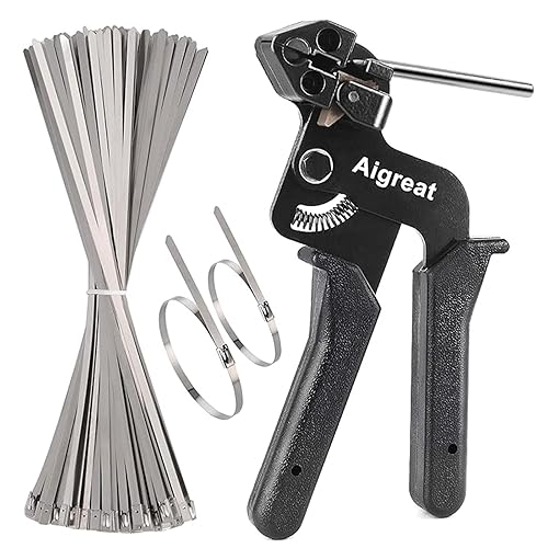200PCS Metal tie wrap gun Kit, Aigreat Stainless Steel Cable Tie Gun Adjustable Tensioning and Cutting Tool with 200pcs 304 Self-Locking Stainless