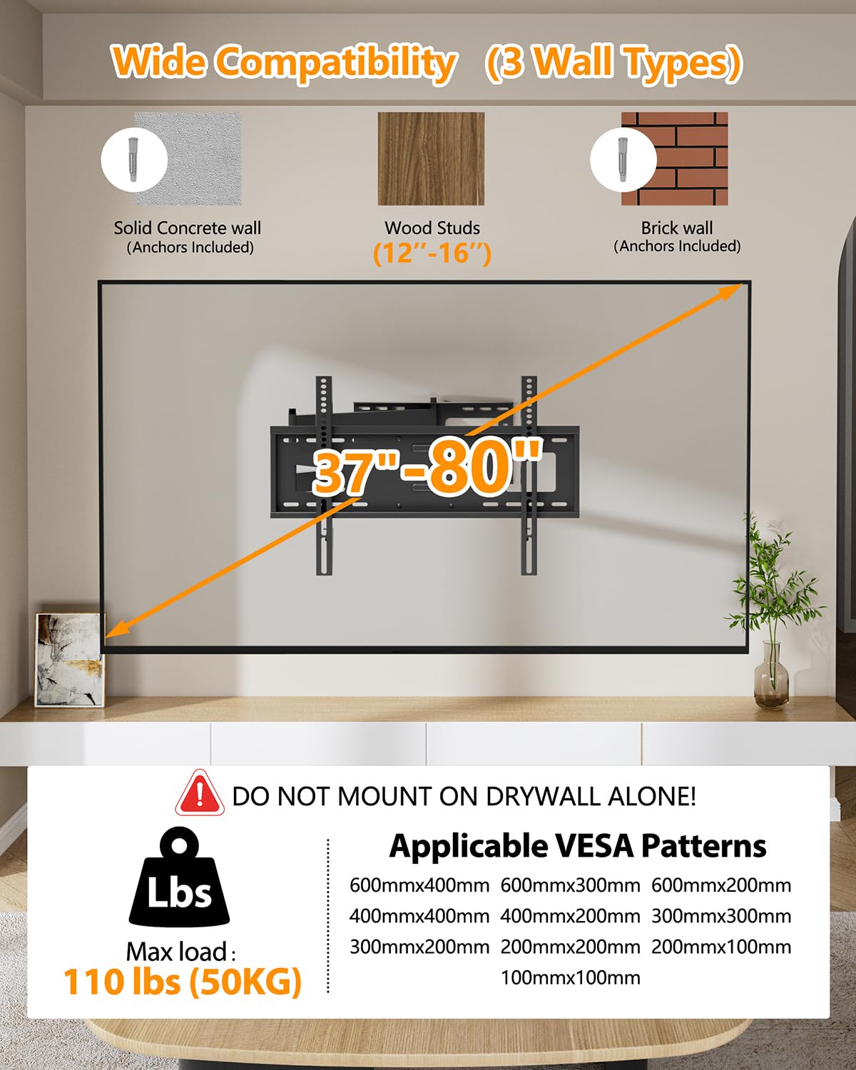 FORGING MOUNT Long Extension TV Mount Full Motion Wall Bracket with 42 inch Long Arm Articulating TV Wall Mount for 42 to 80 Inch Flat/Curve TVs, VESA