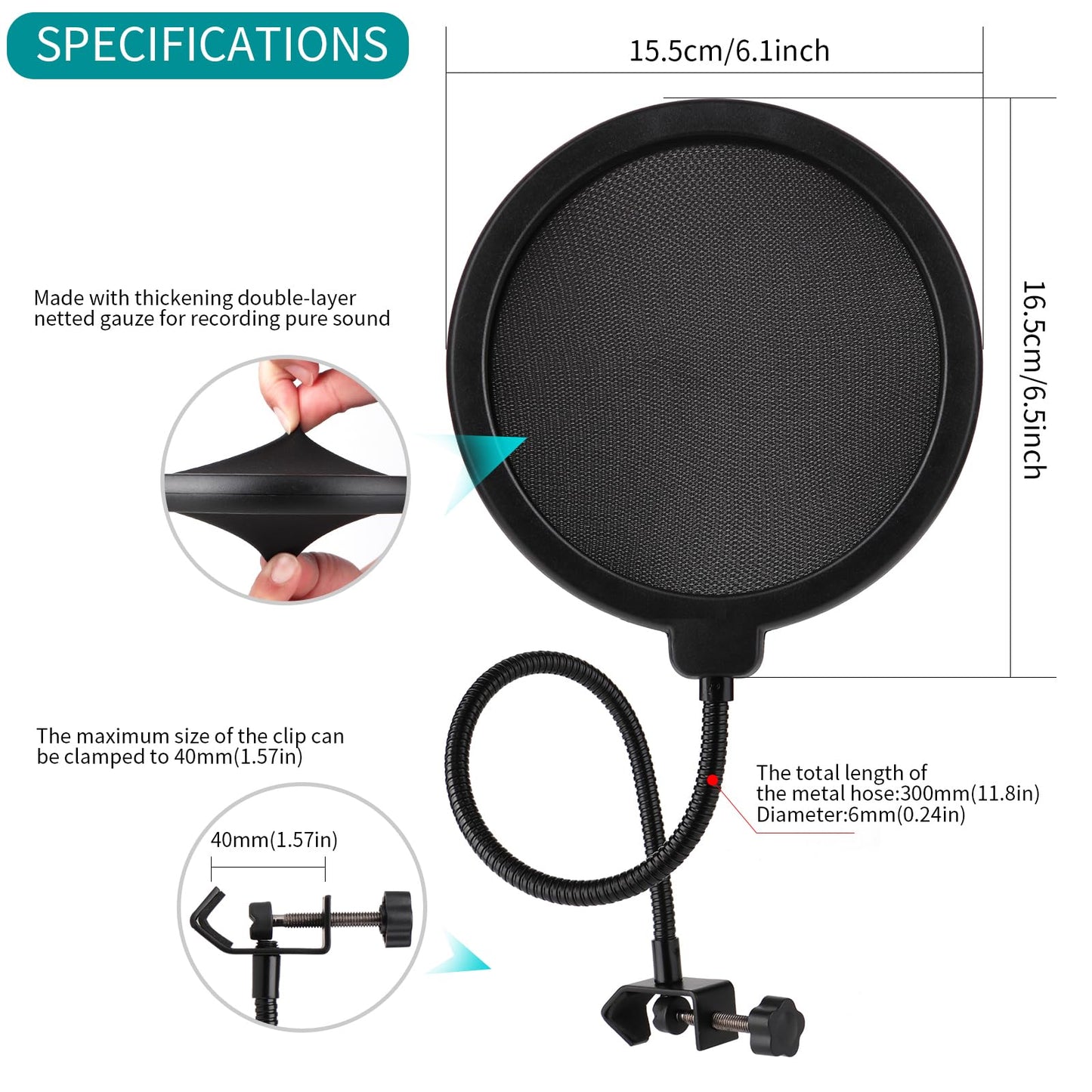 Professional Microphone Pop Filter Shield,Mic Wind Mask Shield Screen with Blue Yeti and Any Other Microphone, Dual Layered Wind Pop Screen With A