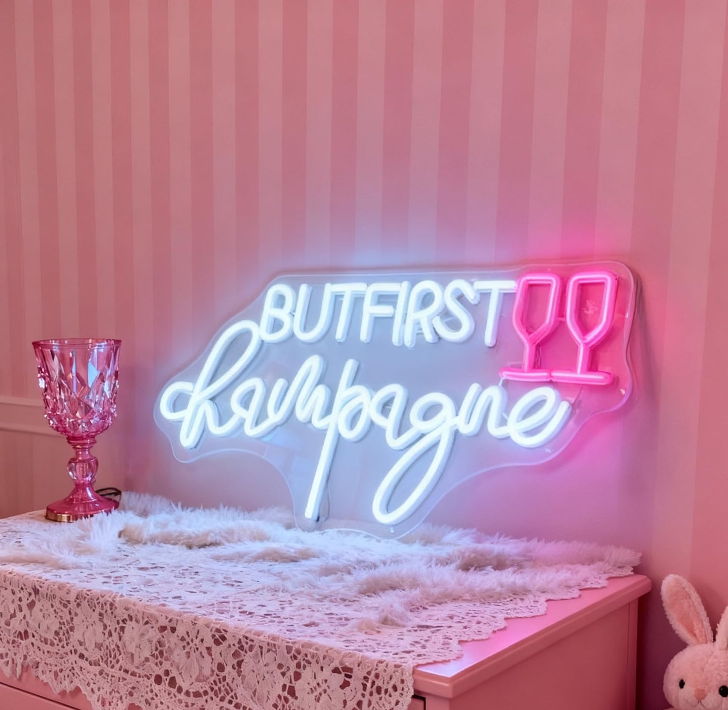 But First Champagne Neon Sign - USB Powered Dimmable Decorative Neon Light for Party Bar Pub Living Room Bedroom Wall Table Decor, White and Pink LED