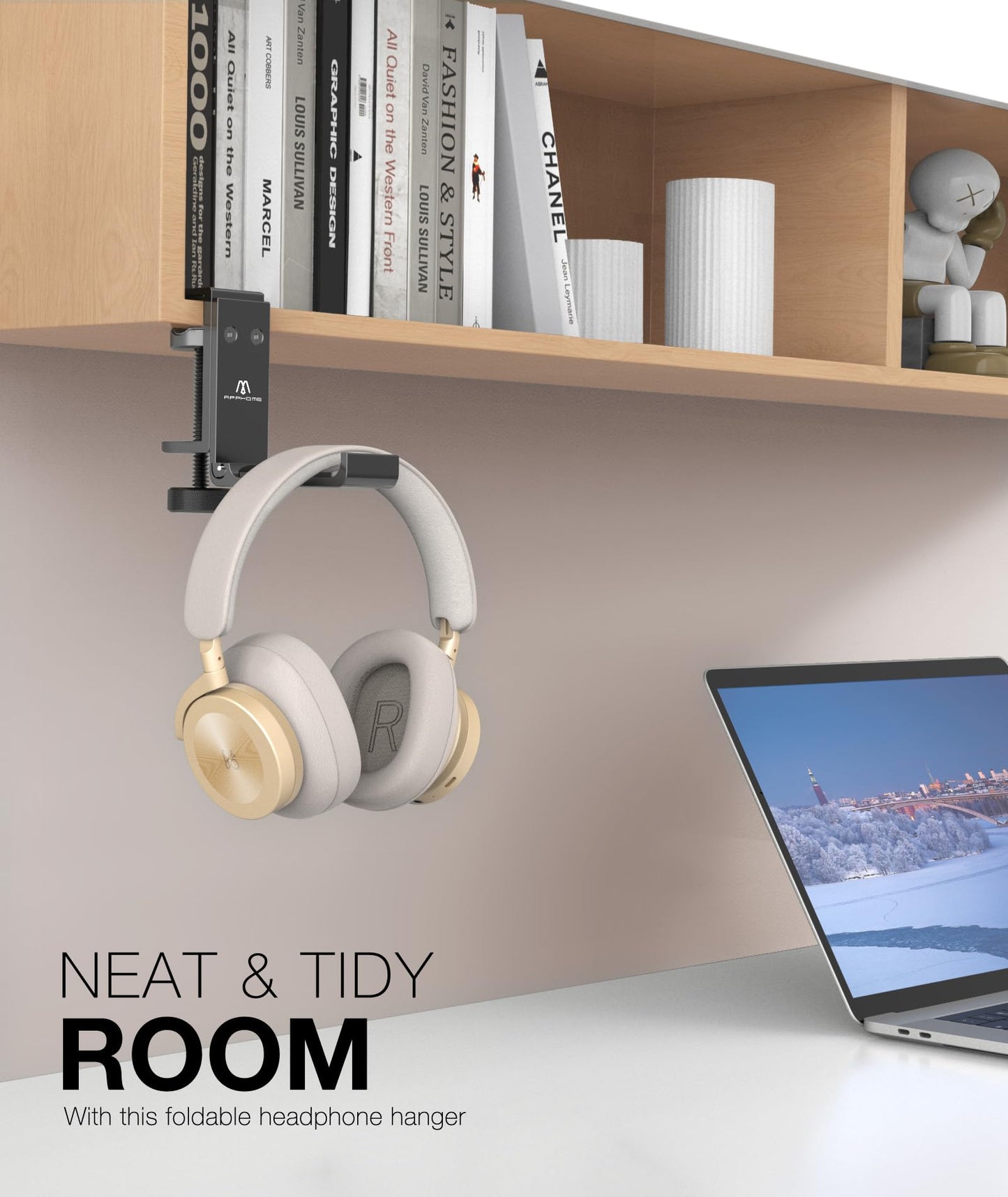APPHOME New Foldable Headphone Stand Hanger Holder Aluminum Headset Soundbar Stand Clamp Hook Under Desk Space Save Mount, Universal Fit Gaming