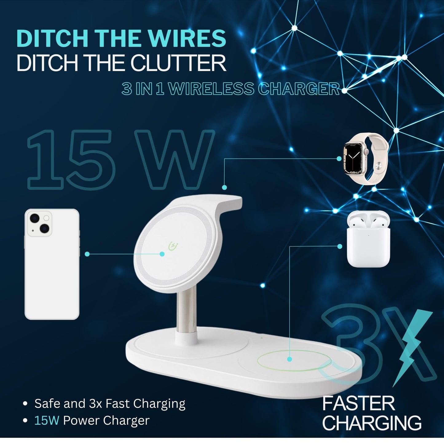 3 in 1 Wireless Charger for iPhone, Apple Watch, AirPods - Charging Station Stand for Multiple Devices, Fast Wireless Charging Dock for iPhone 12+