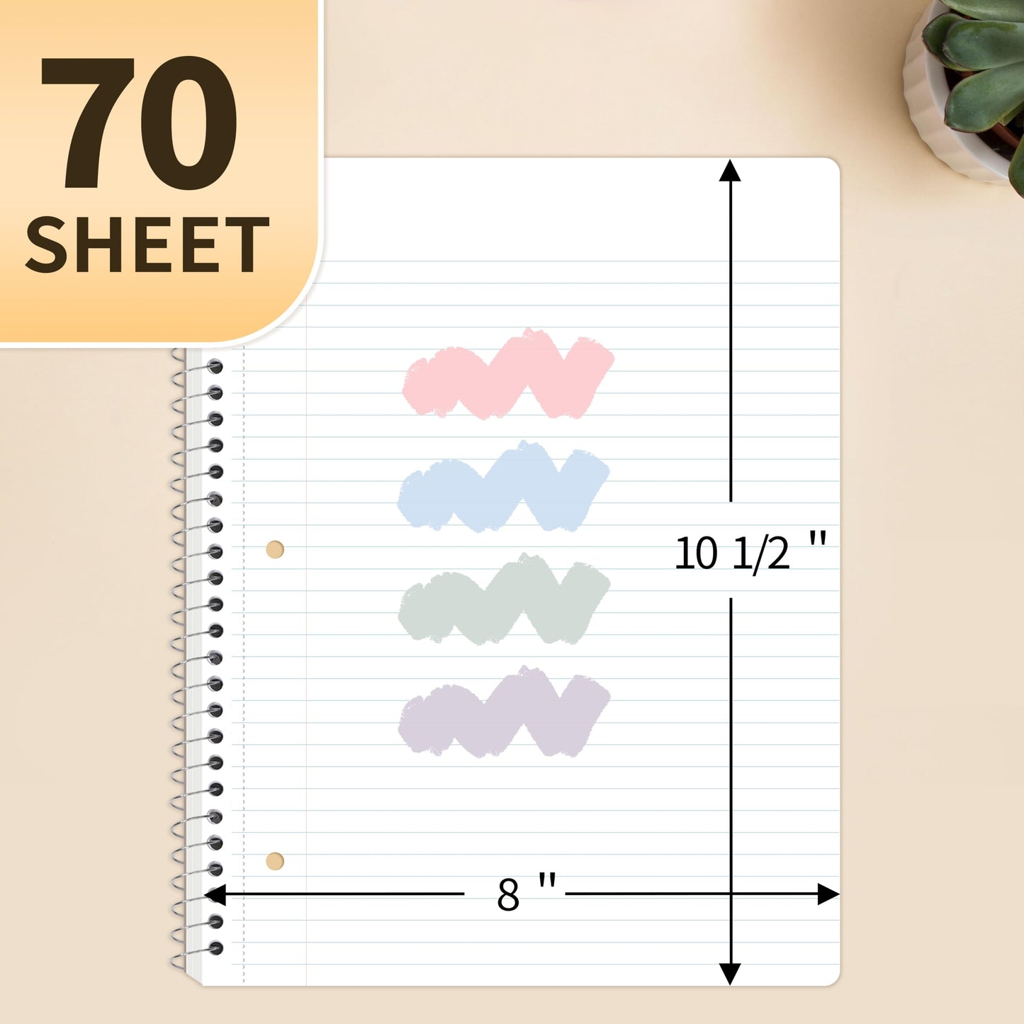 SUNEE Spiral Notebooks College Ruled, 1-Subject, 4 Pack, 8 x 10-1/2 in, 70 Sheets, 3-Hole Punched 70gsm Paper, Pastel Pink, Purple, Blue, Green