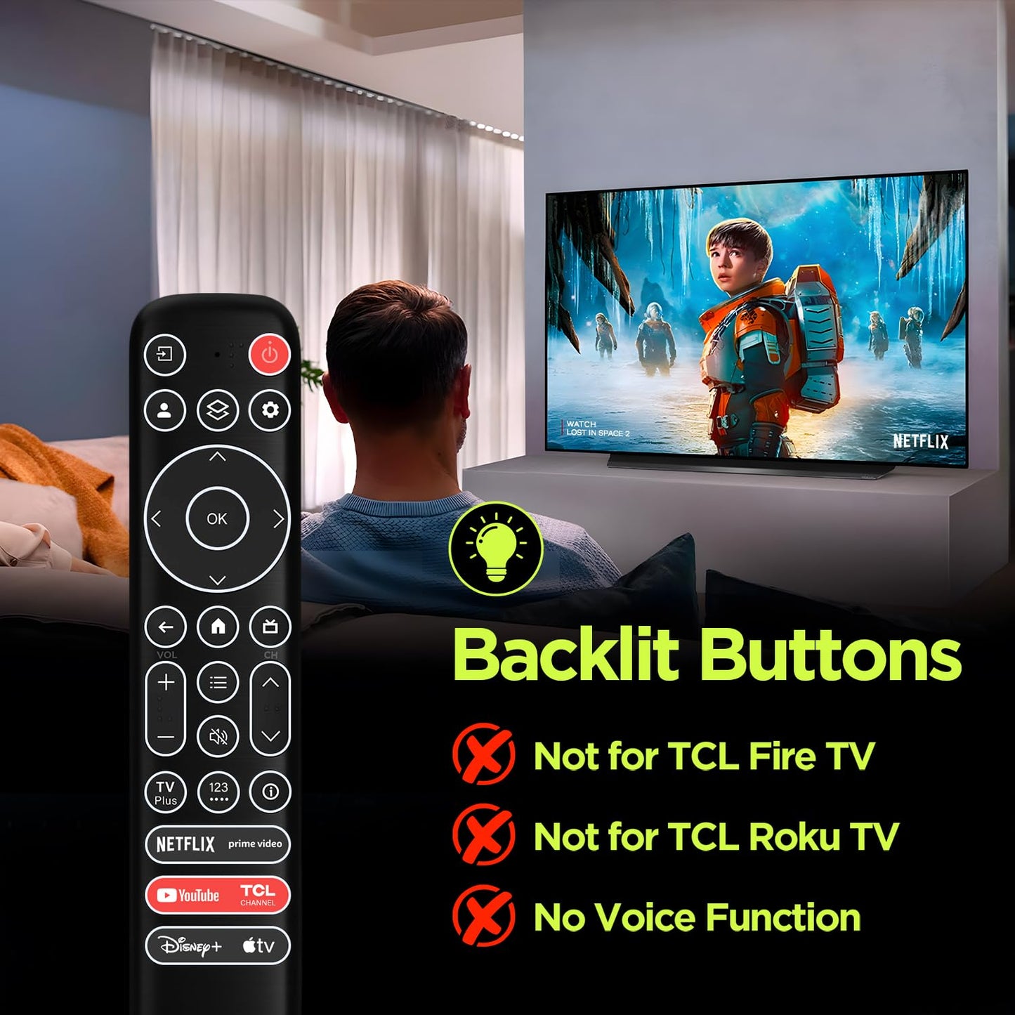 Replacement Backlit Remote Control for TCL Google Smart TV, for TCL 4K UHD LED QLED MiniLED Smart TVs (with Buttons Lighting Up)