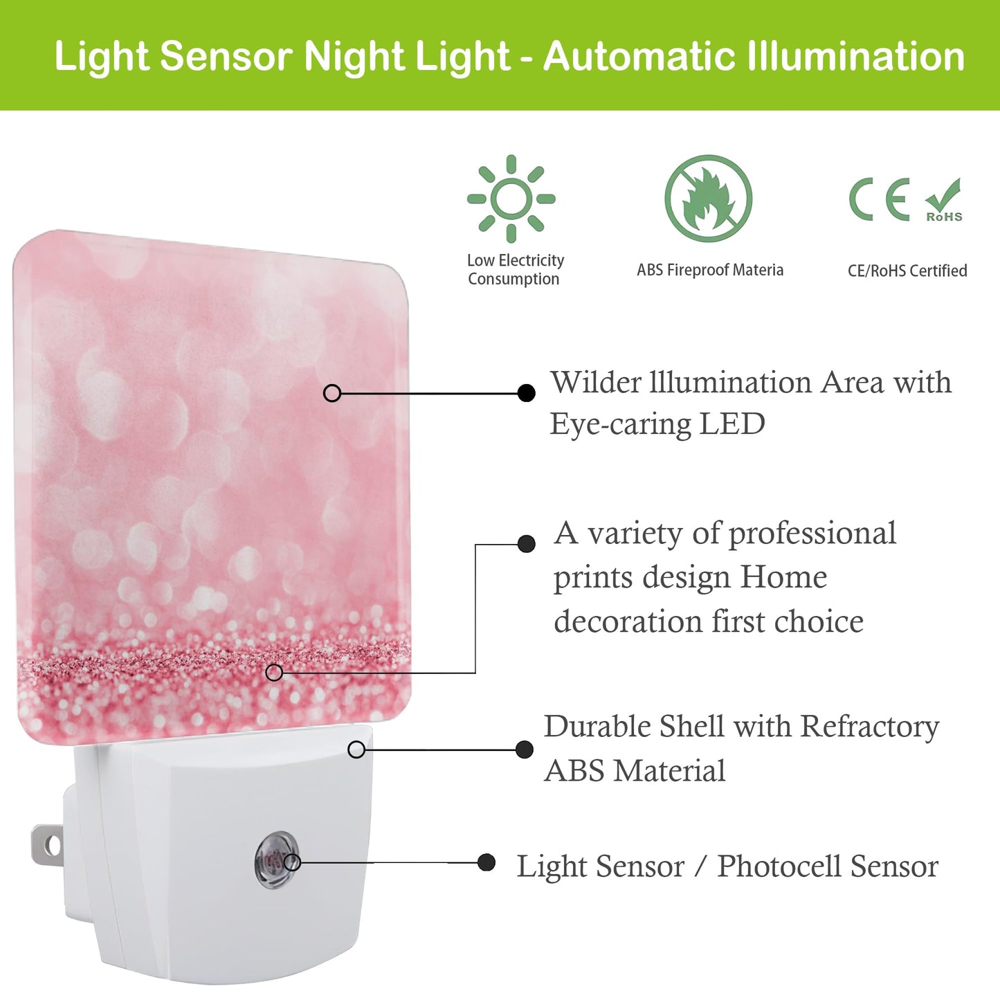 Pink Glitter Night Light,Plug into Wall Nightlights with Dusk to Dawn Light Sensors,Nightlights for Bedroom/Bathroom/Hallway/Kitchen,Nightlight