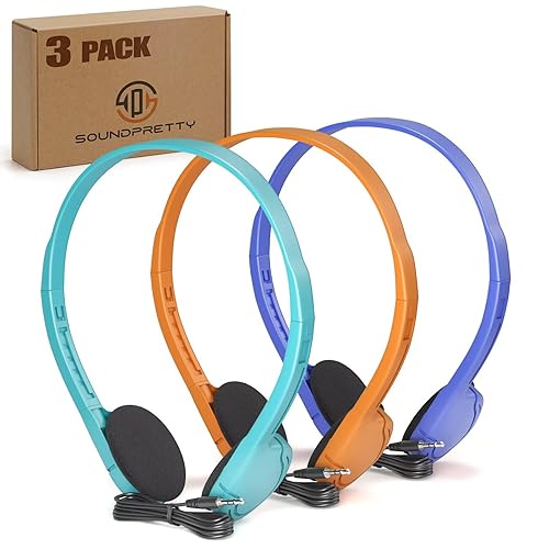 SP SOUNDPRETTY 3 Pack Bulk Headphones for School, Classroom, Students - On Ear with 3.5mm Jack, 4ft Tangle Free Cable, 3 Colors - Compatible…