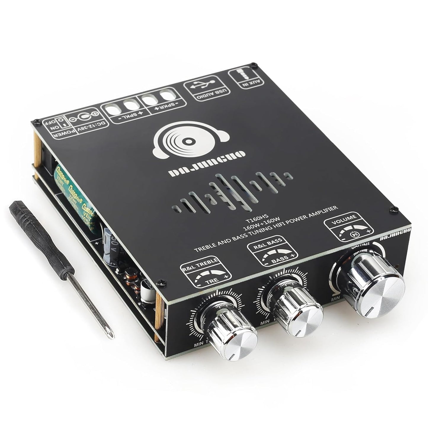AUGUESLD T160HS 160W+160W Amplifier Board with Treble and Bass Control,2.0 Channel Stereo AMP Board,Bluetooth/AUX/USB Input DC 12-36V