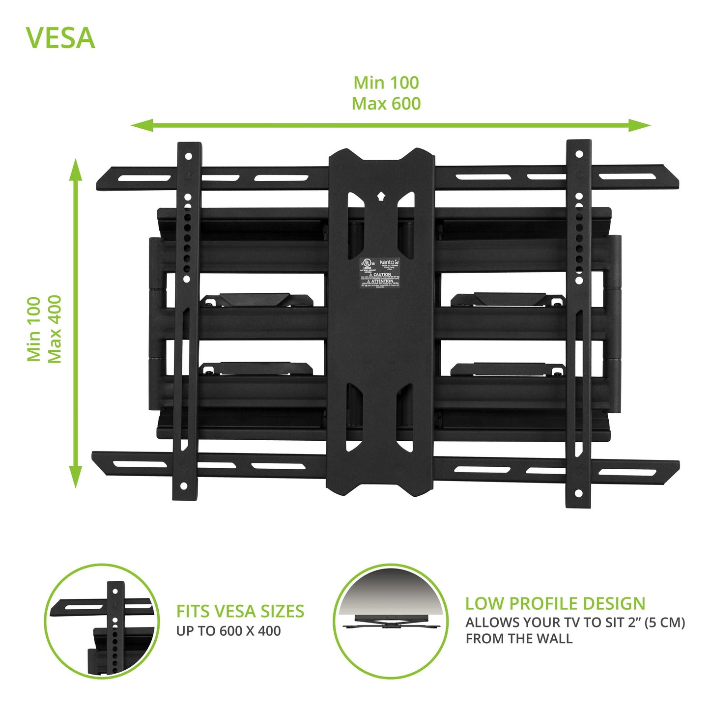 Kanto PDX650 Full Motion Articulating TV Wall Mount for 37-inch to 75-inch TVs | Low Profile with 22" Extension | Integrated Cable Management | Swivel