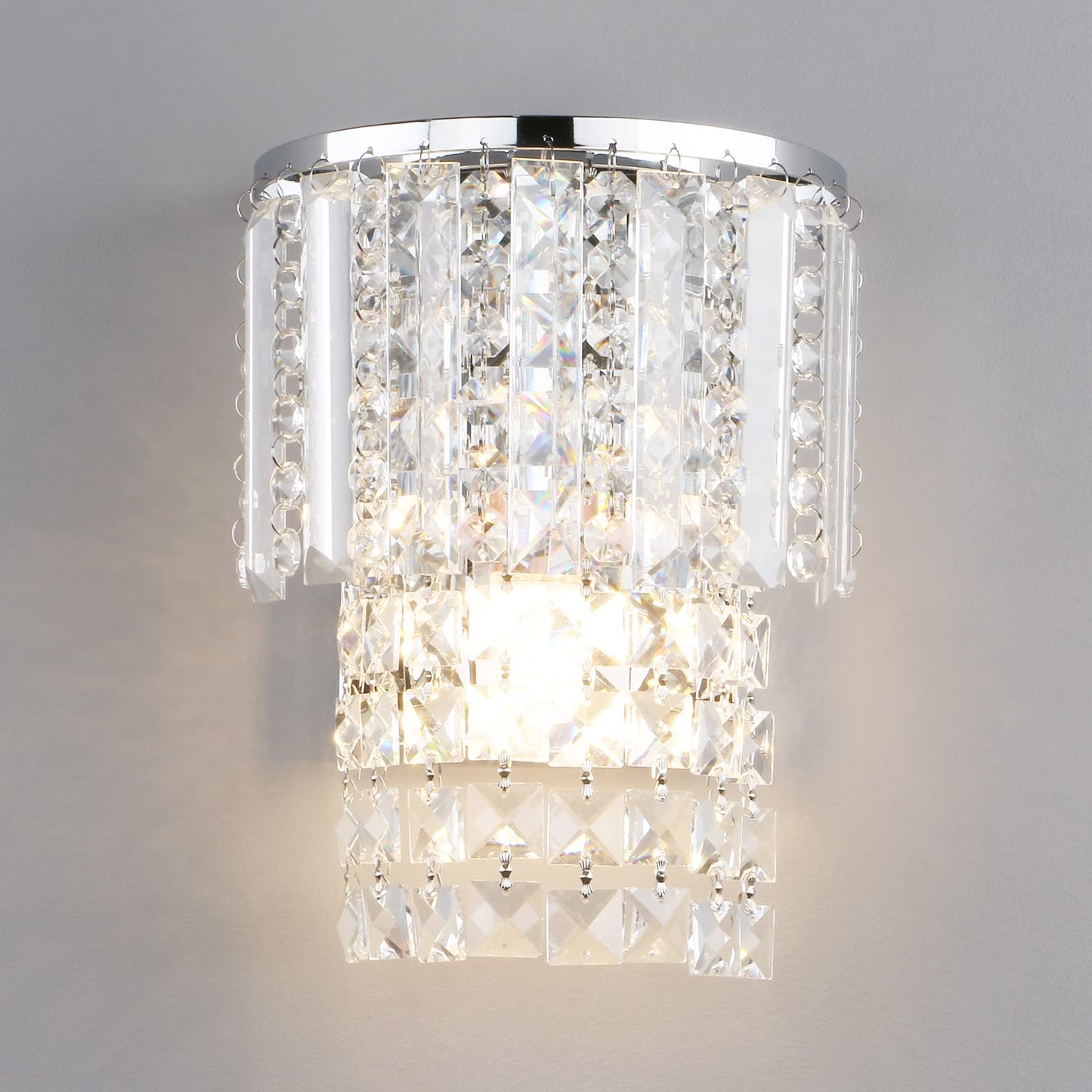 Pathson Modern K9 Crystal Wall Sconce Hardwired, Chrome Finish Wall Light Fixture, Acrylic Crystal Drops Wall Lamp for Bedroom Living Room
