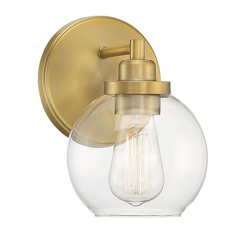 Savoy House 9-4050-1-322 Carson Mid-Century Modern Clear Glass Bathroom Vanity Wall Sconce Light, 1-Light 60 Watt, 9" H x 6" W, Warm Brass
