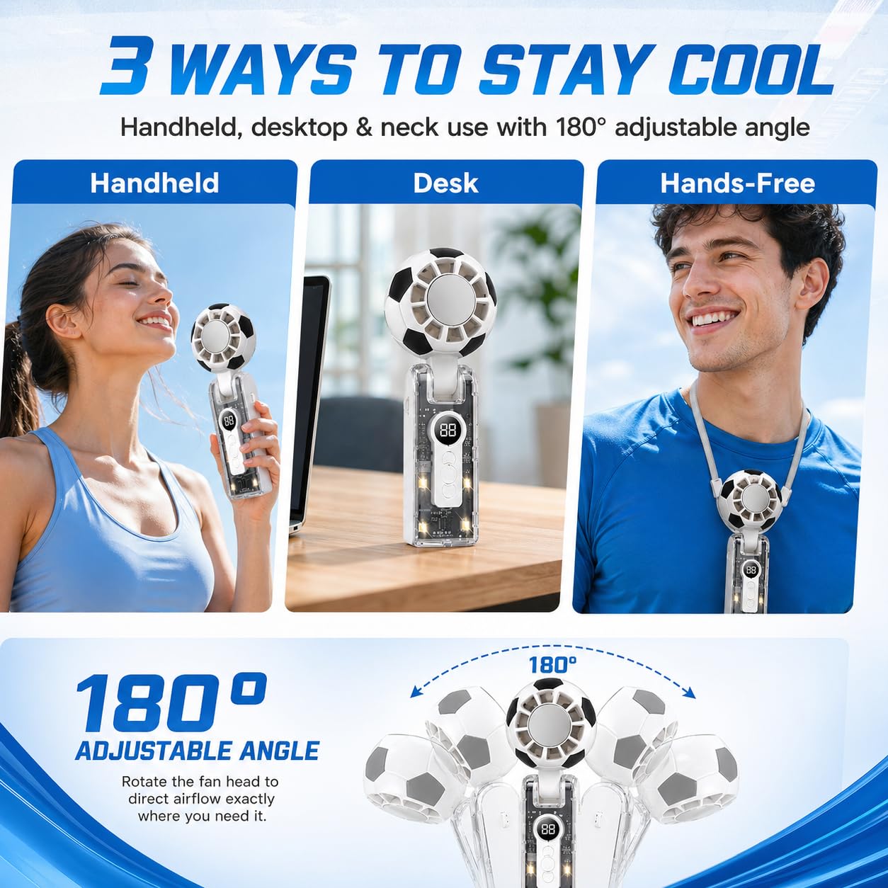 Mini World Cup Ball Fan Handheld Turbo Fan, Rechargeable & Foldable Personal Neck Fan, 4-Mode LED Lights,Up to 12 Hrs,Small Portable Mini Soccer Fan