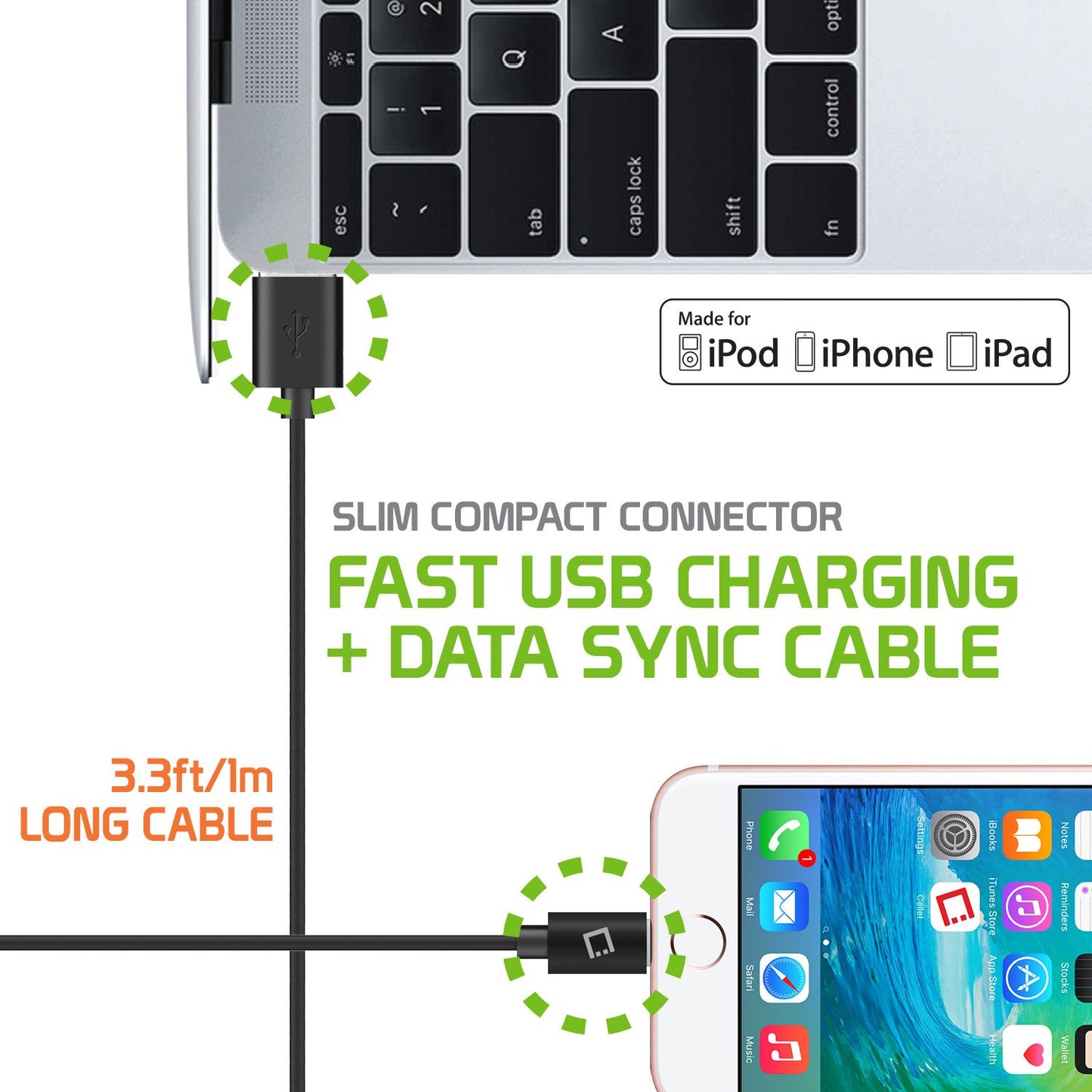 Cellet Apple Certified Lightning Cable Compatible for Apple iPhone Xs/Xs Max/Xr/X/SE/8/7/6/5 iPad/Pro/Air/Mini, iPod, Touch - 1 Meter (3.3 feet) Black